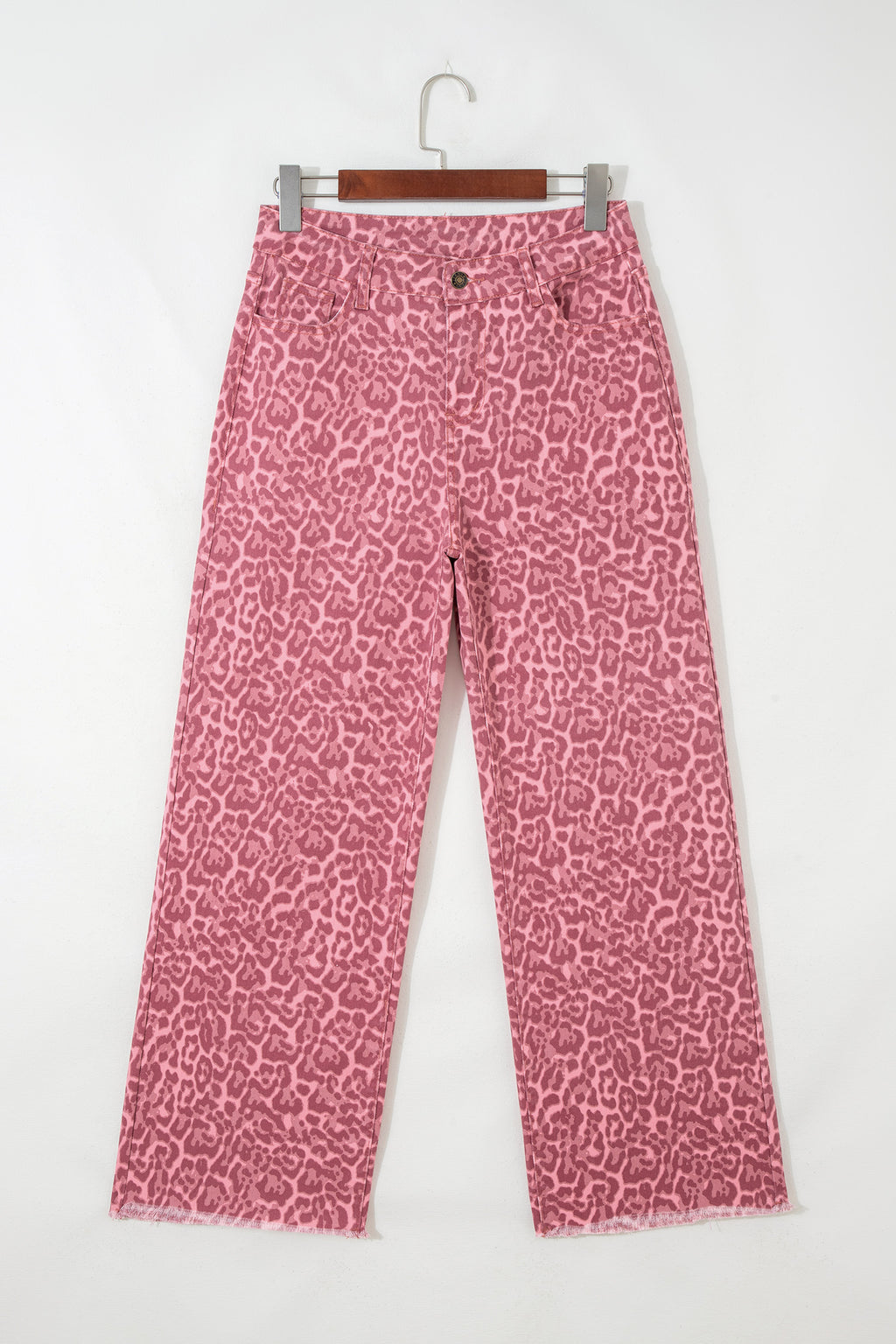 Rose Leopard Frayed Edge Wide Leg High Waist Jeans