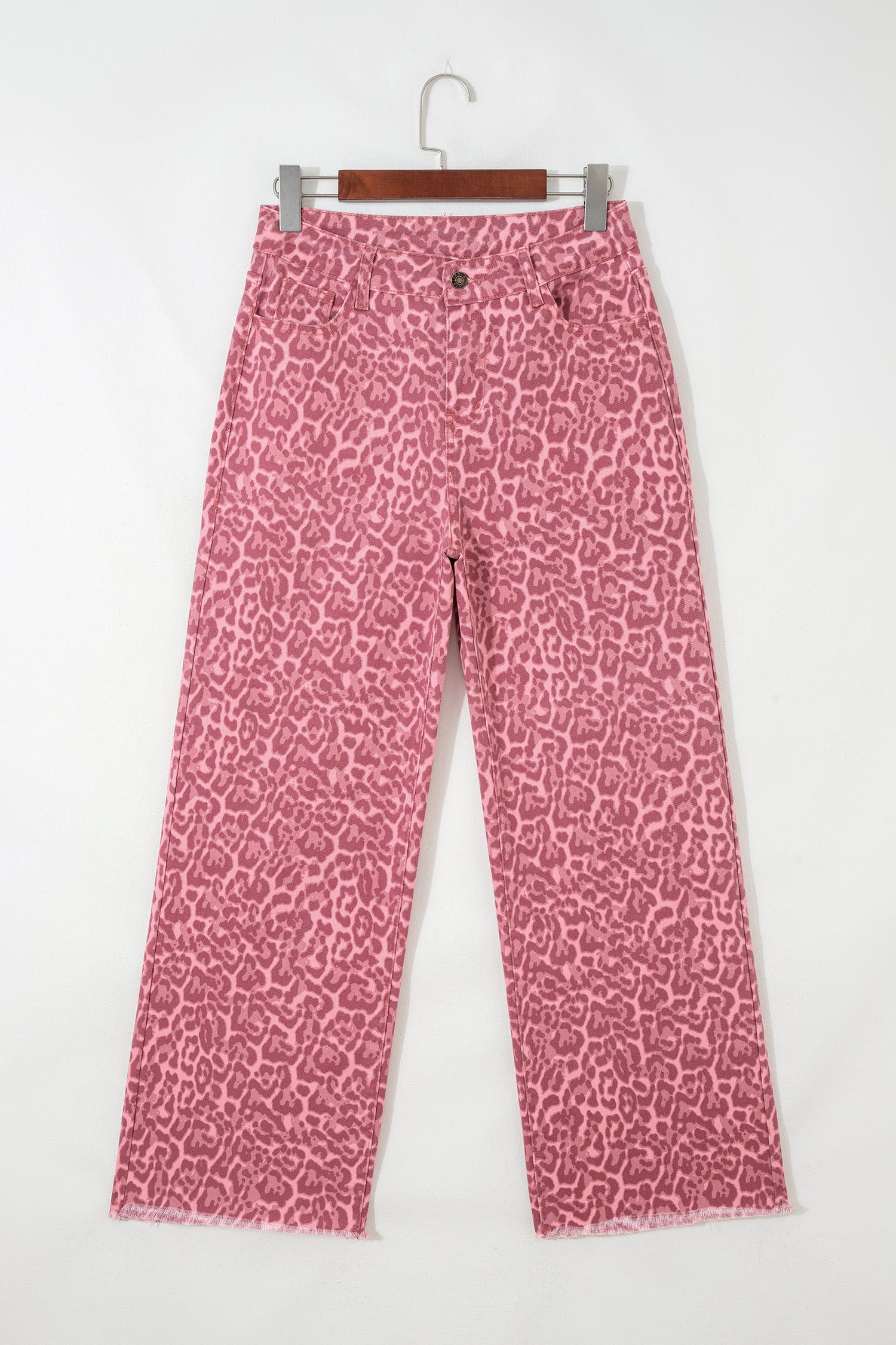 Rose Leopard Frayed Edge Wide Leg High Waist Jeans