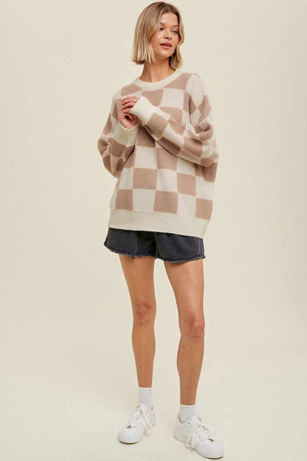 Parchment Checkered Pattern Ribbed Trim Knit Baggy Sweater