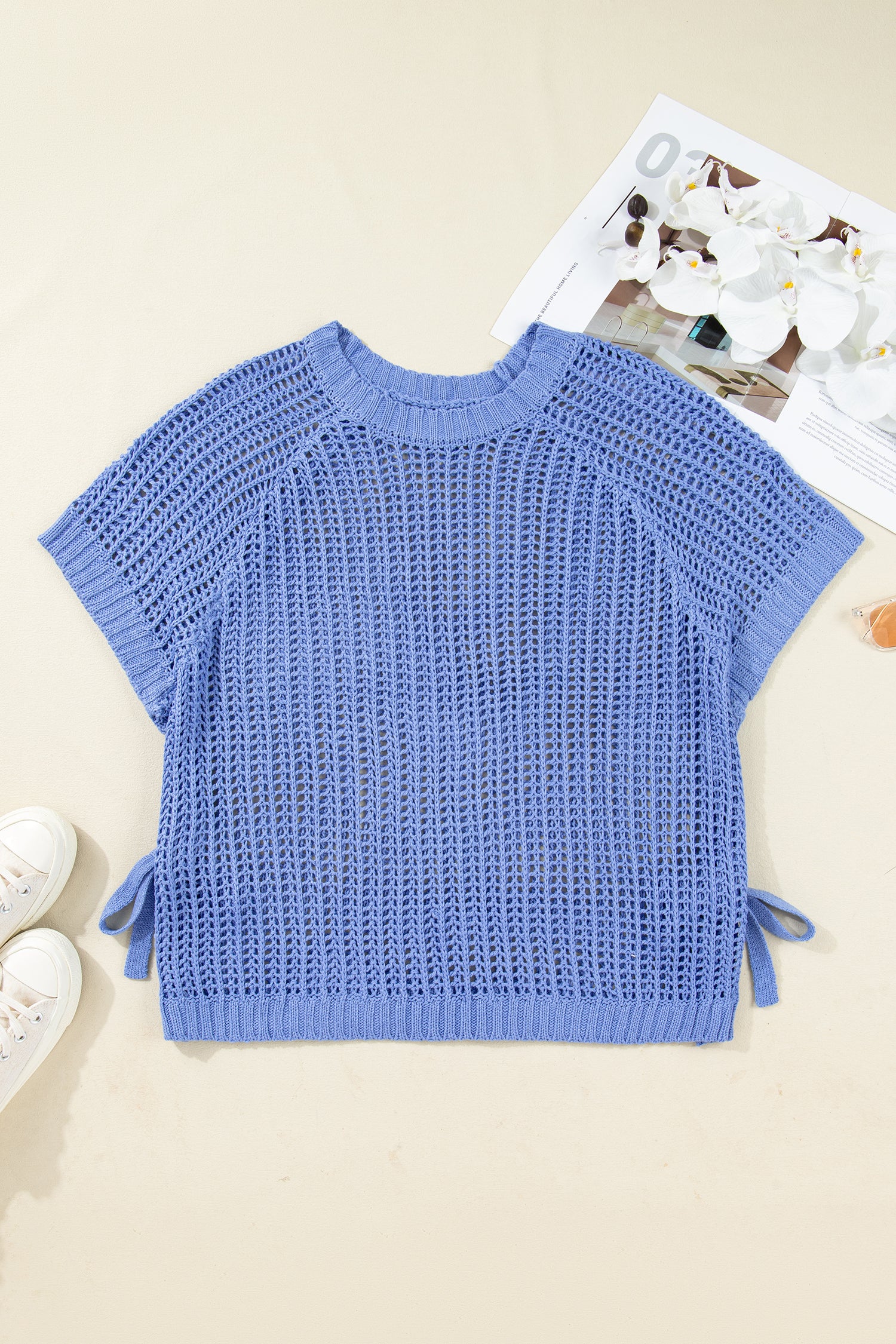 Ashleigh Blue Plus Size Open Knit Bow Tie Short Sleeve Sweater