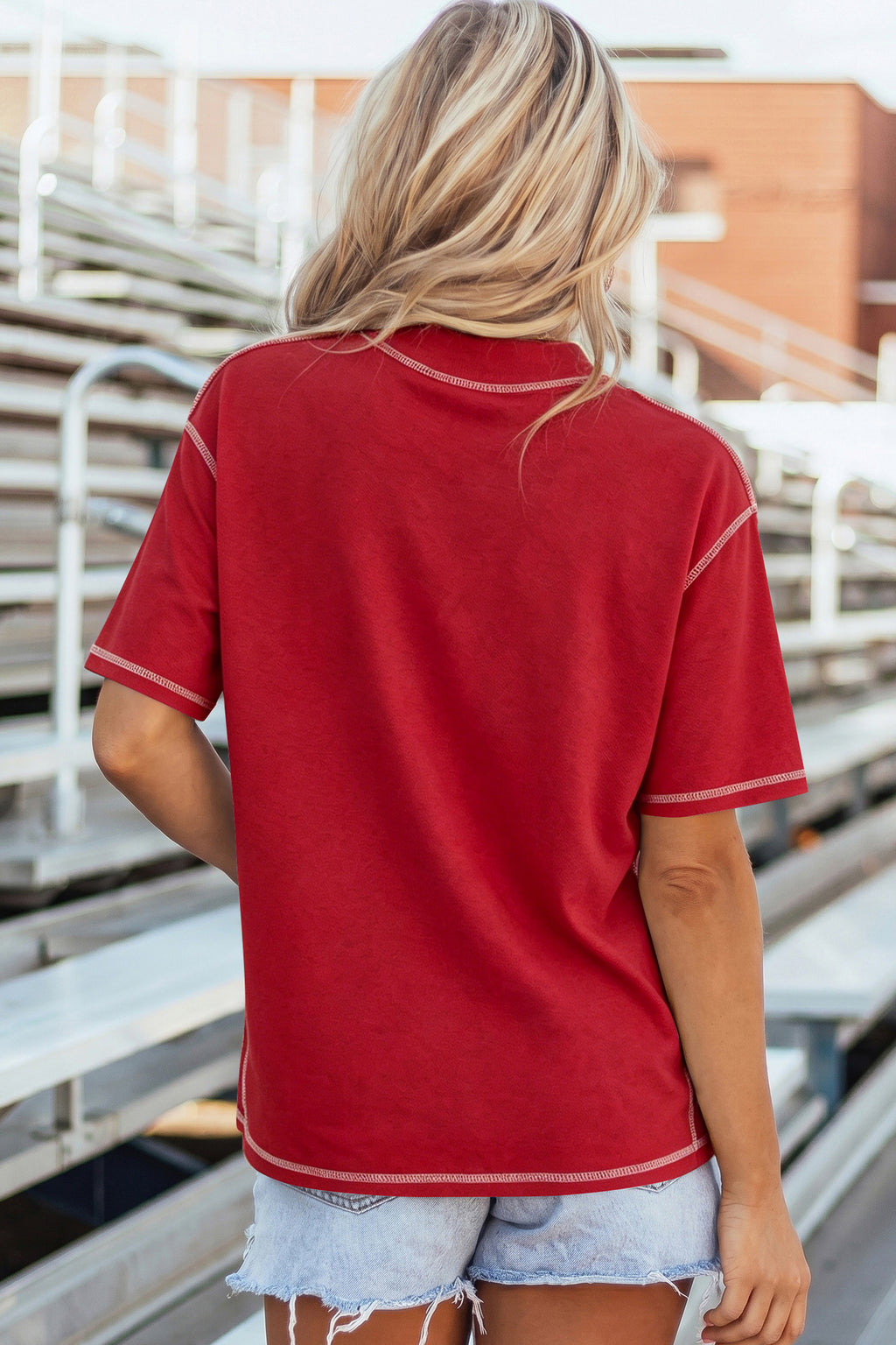 Racing Red Shiny Game Day Lettering Contrast Seam Detail Graphic Tee