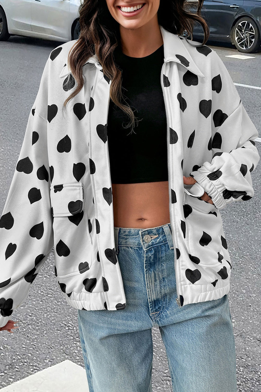 White Double Flap Pocket Heart Print Collar Zip Jacket