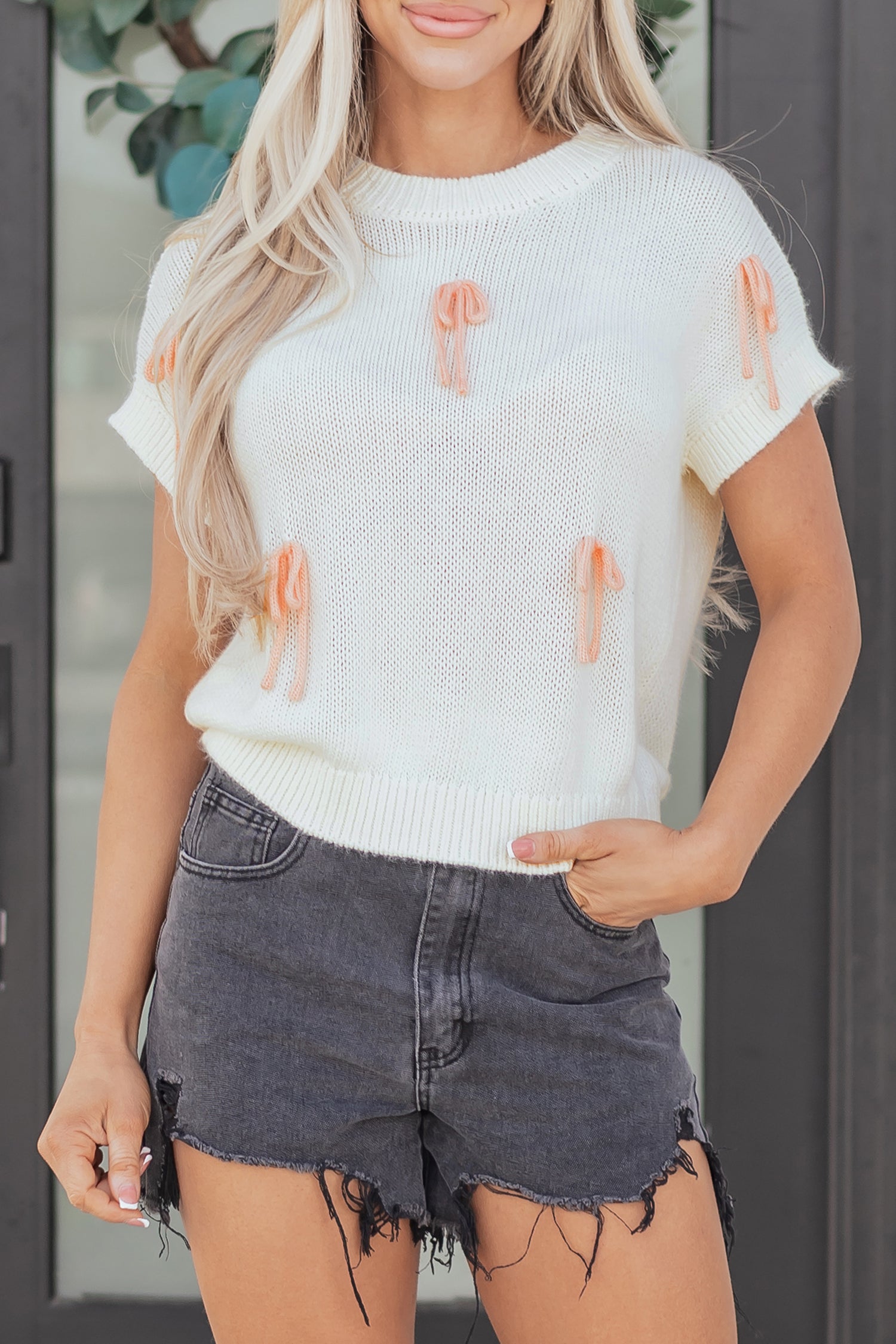 White Short Sleeve Knit Contrast Bow Knot Loose Sweater