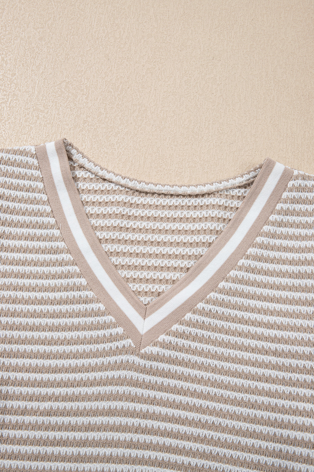 Beige Striped Textured Knit V Neck Casual Top