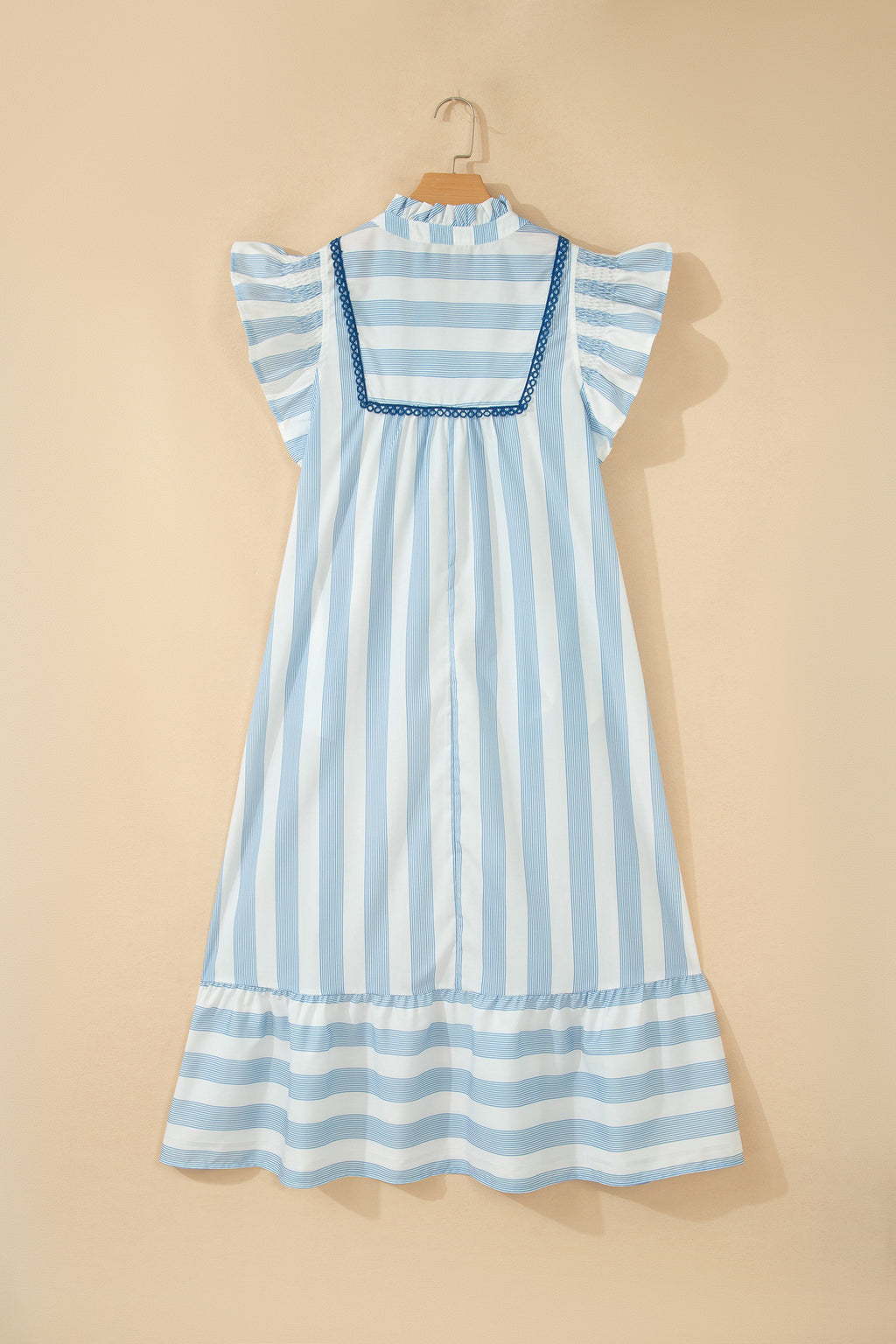 Sky Blue Stripe Subtle Lace Detail V Neck Ruffle Trim Casual Dress
