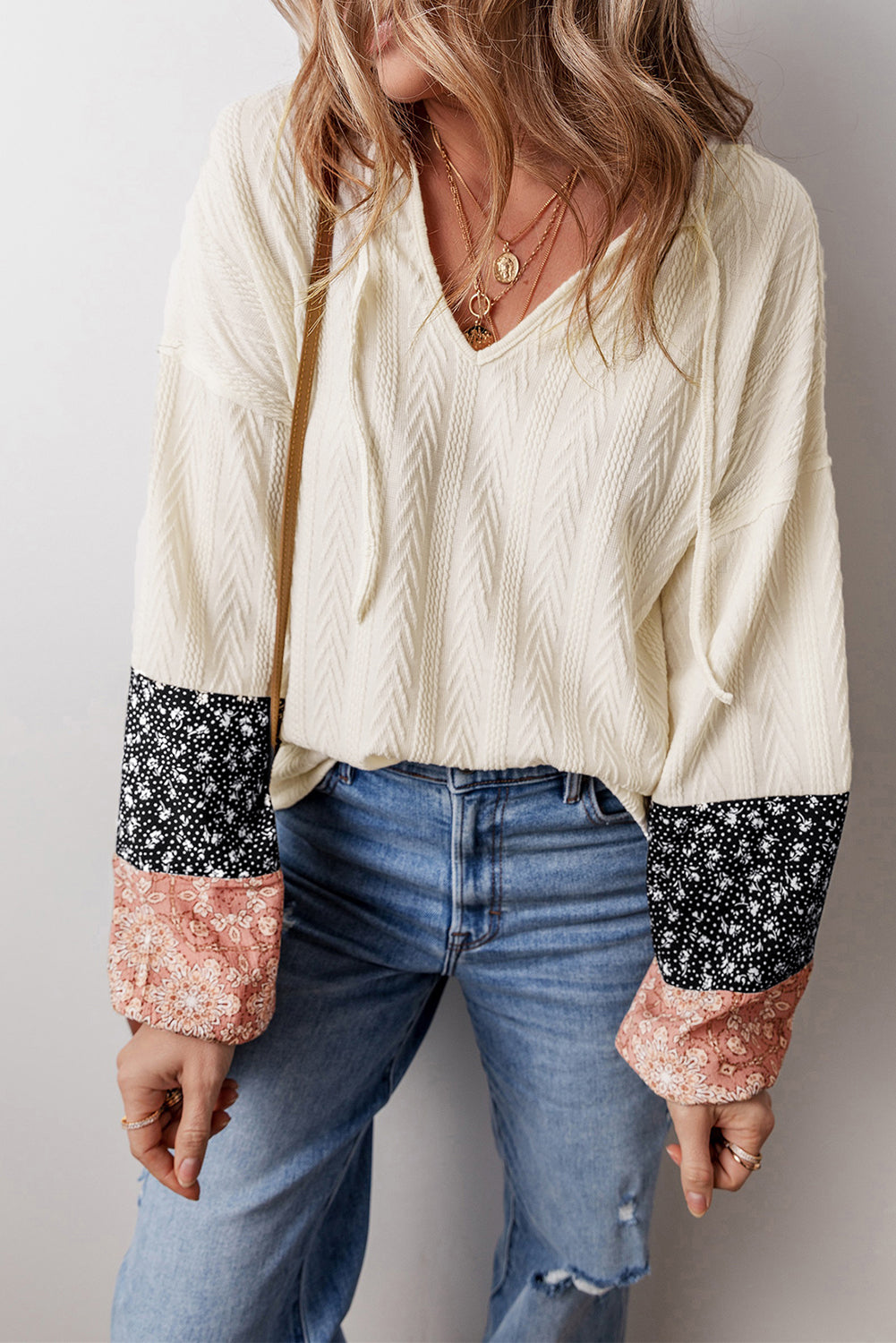 Beige Floral Patchwork Textured Knit Drawstring V Neck Blouse