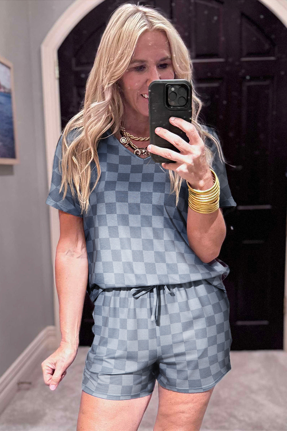 Beige Checkered V Neck Tee Drawstring Shorts Lounge Set