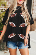 Black Sequin Rugby Football Patched Crewneck Loose T Shirt