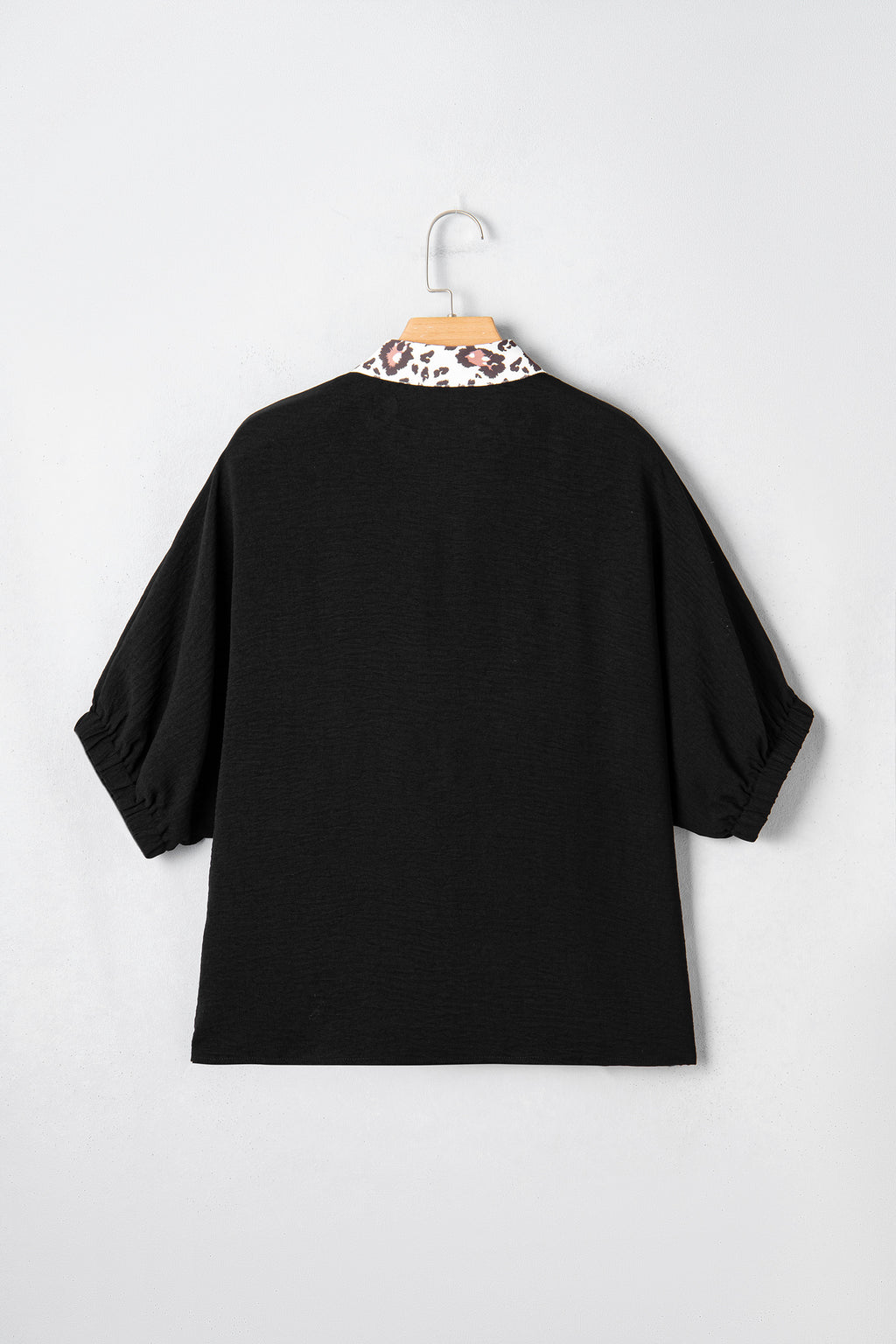 Black Dolman Half Sleeve Leopard Patchwork Trim V Neck Blouse