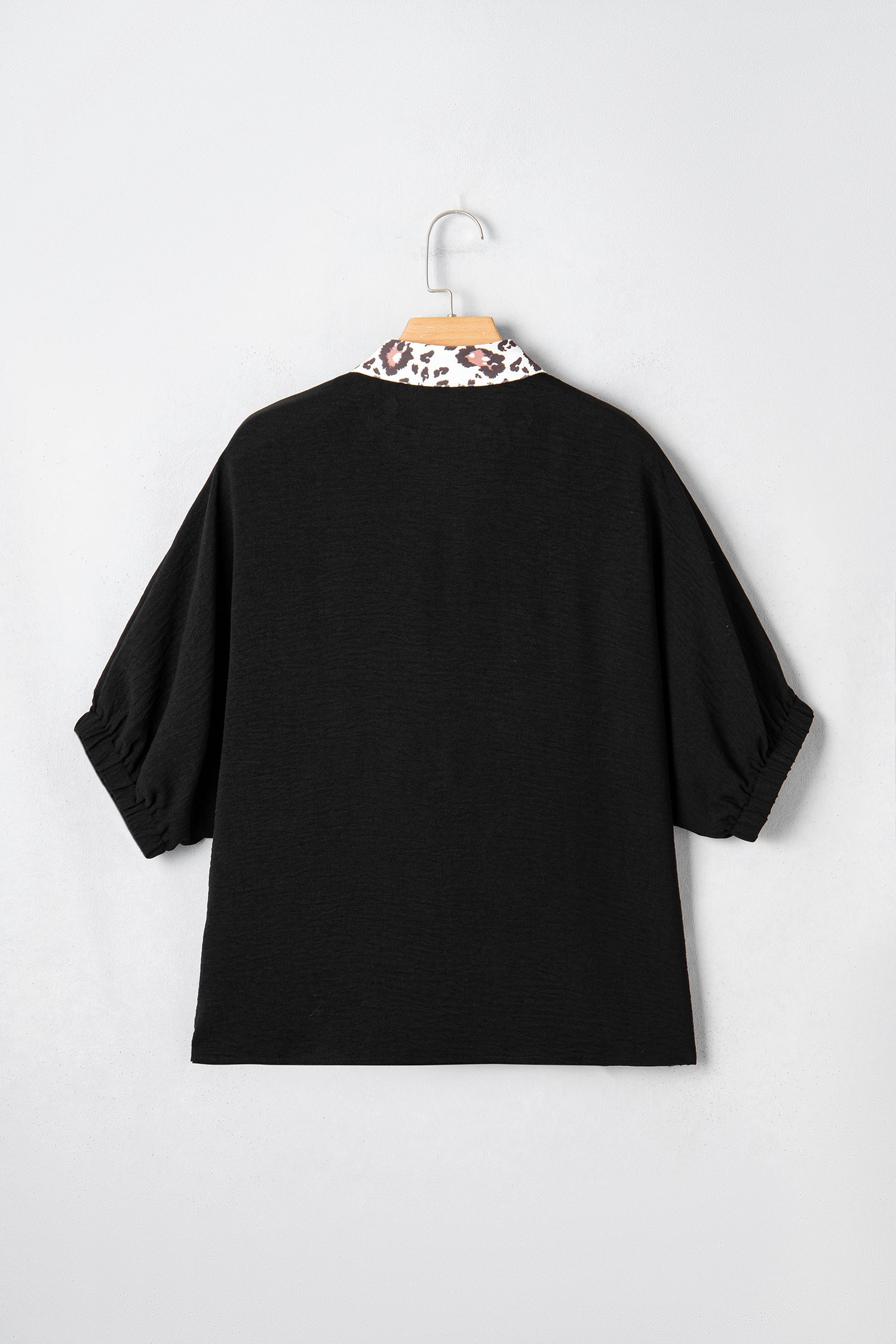 Black Dolman Half Sleeve Leopard Patchwork Trim V Neck Blouse