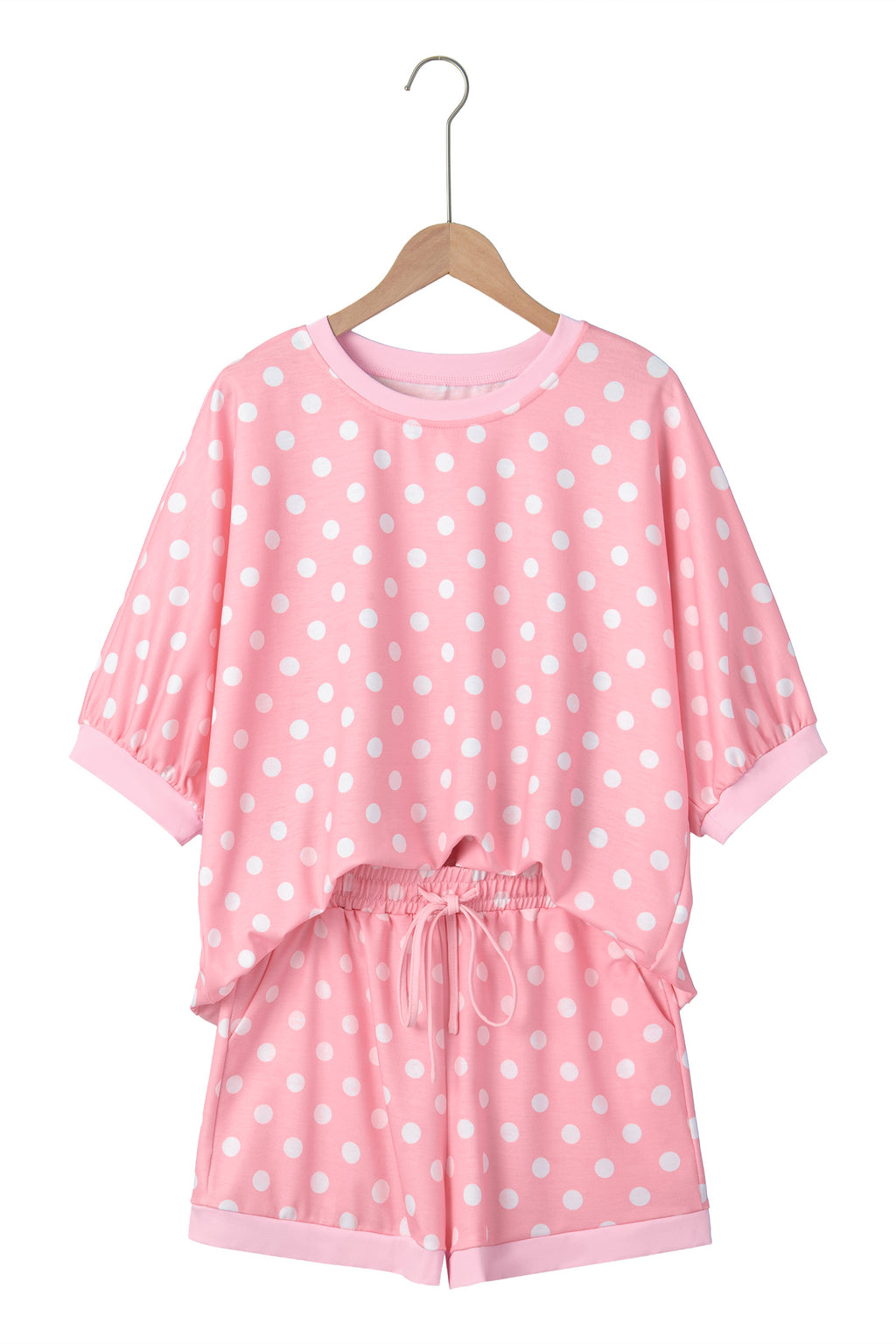 Beige Polka Dot Oversized Top Drawstring Short Set