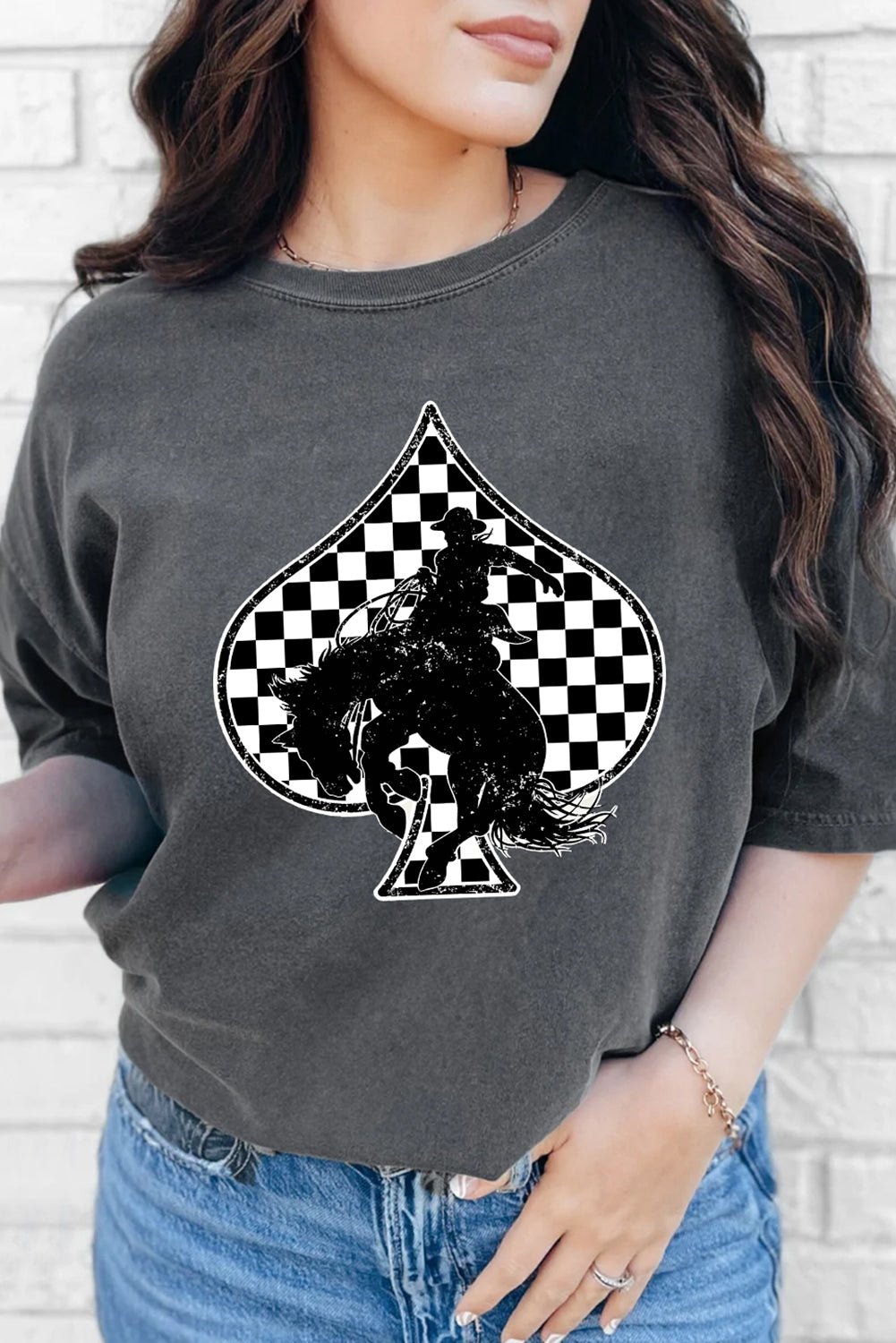 Gray Rodeo Check Spades Western Graphic T Shirt