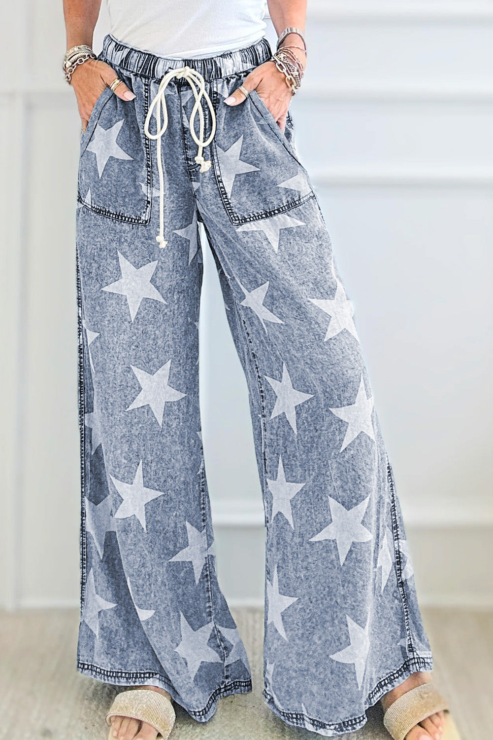 Light Blue Star Print Light Wash Drawstring Elastic Waistband Wide Leg Jeans