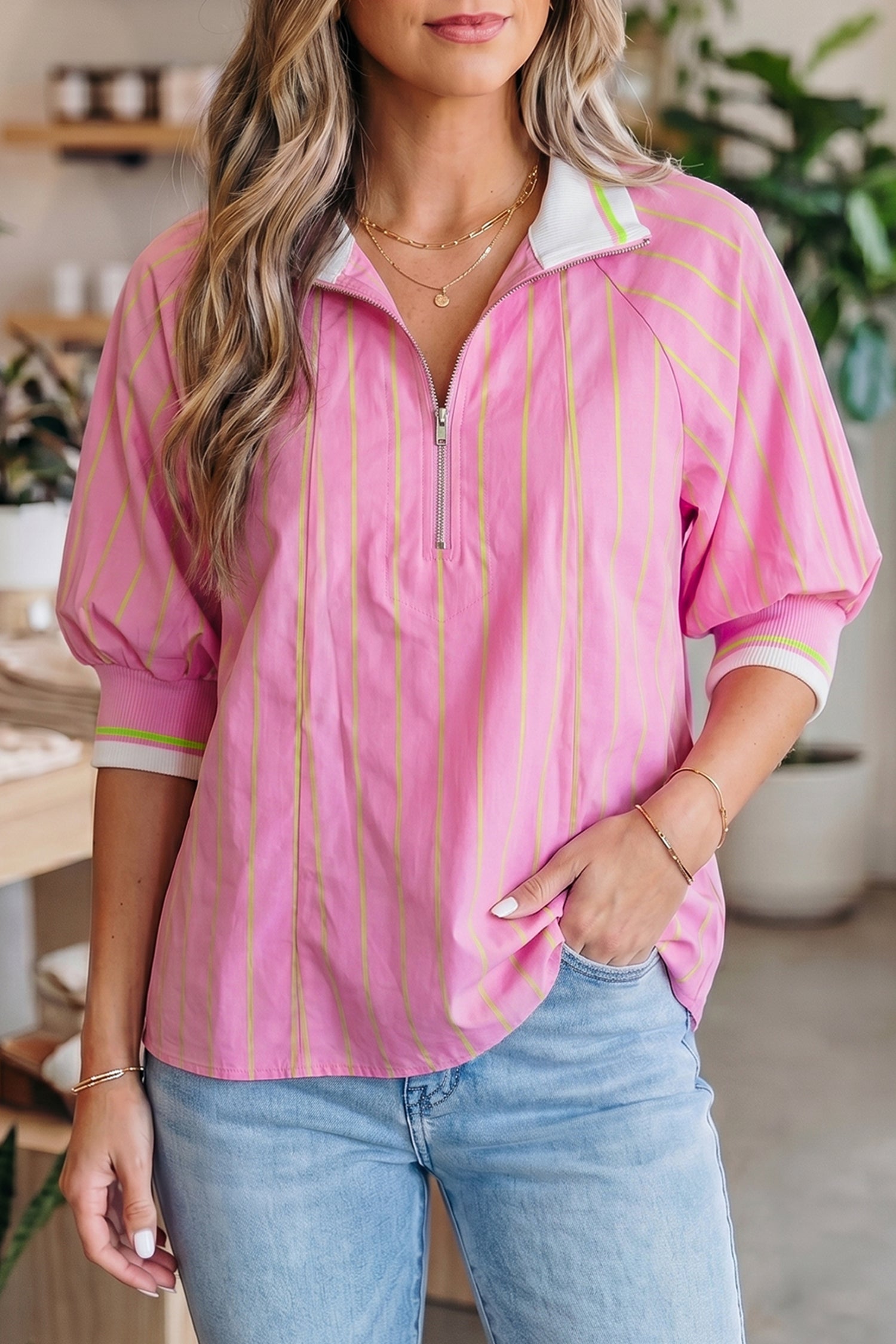 Pink Stripe Striped V-Neck Half Sleeve Zipper Ribbed Cuff Casual Shift Blouse