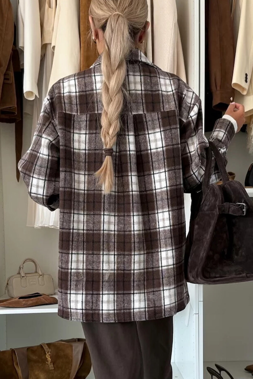 Dark Brown Flanel Plaid Single Chest Pocket Boyfriend Shacket
