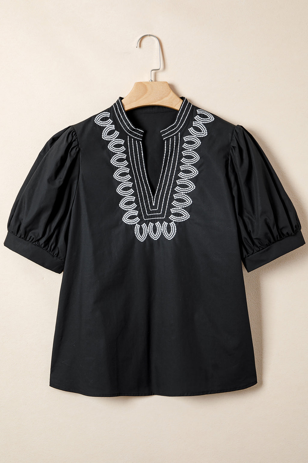 Black Short Puff Sleeve Contrast Embroidered Detail V Neck Blouse