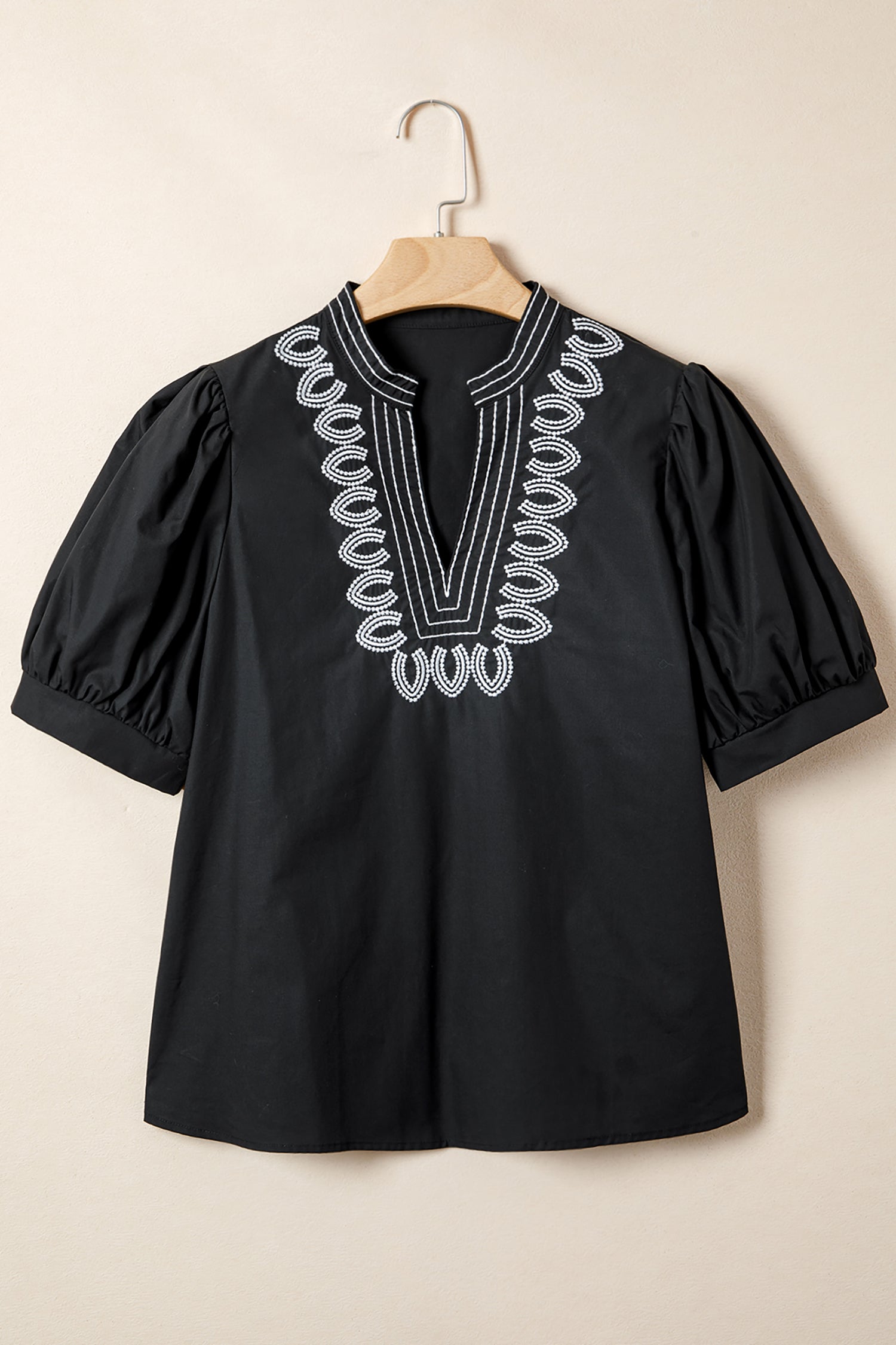Black Short Puff Sleeve Contrast Embroidered Detail V Neck Blouse