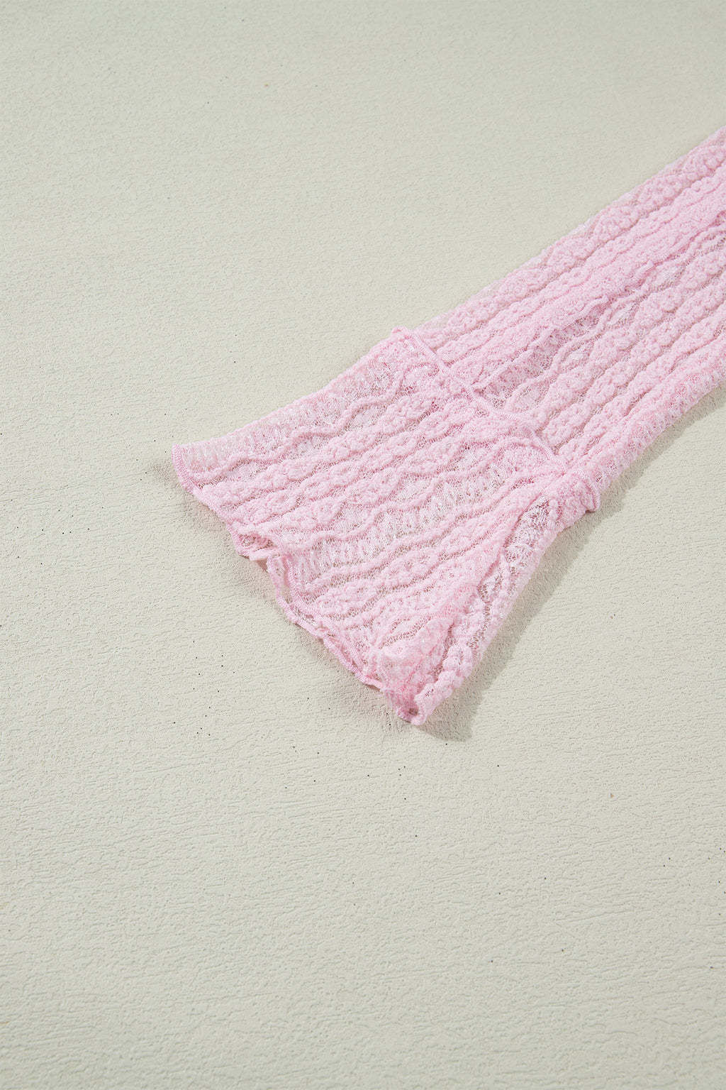 Light Pink Flounced Long Sleeve Mock Neck Sheer Lace Top