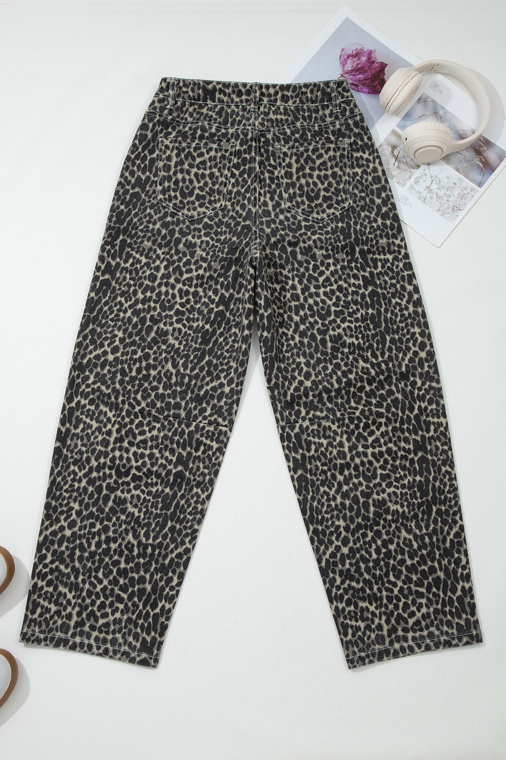 Black Leopard Print High Waist Barrel Jeans