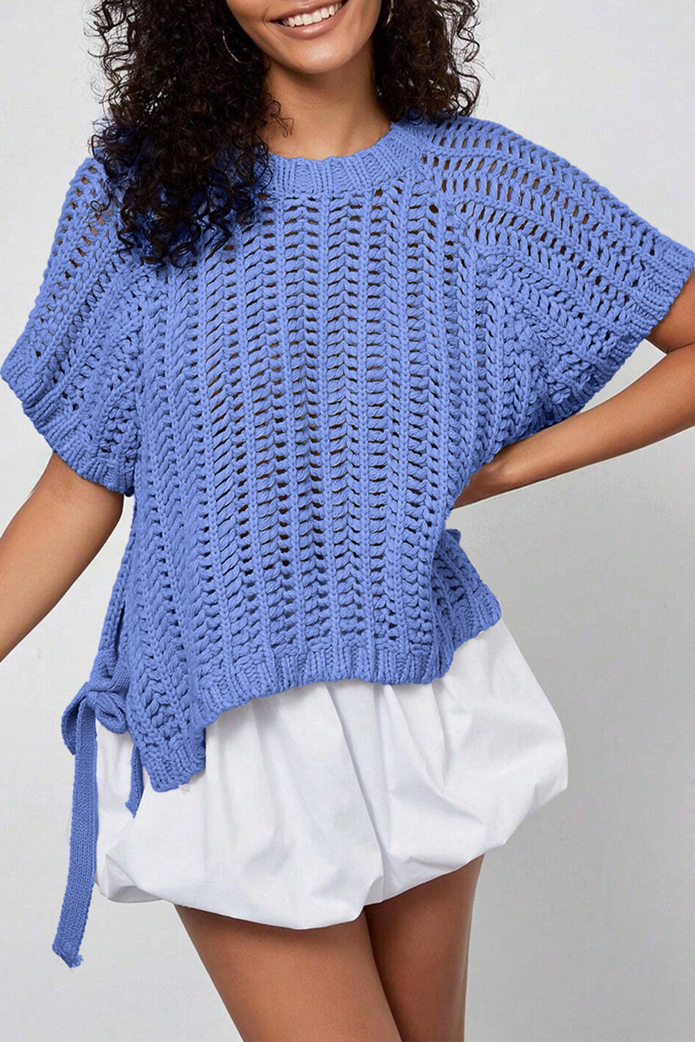 Ashleigh Blue Plus Size Open Knit Bow Tie Short Sleeve Sweater