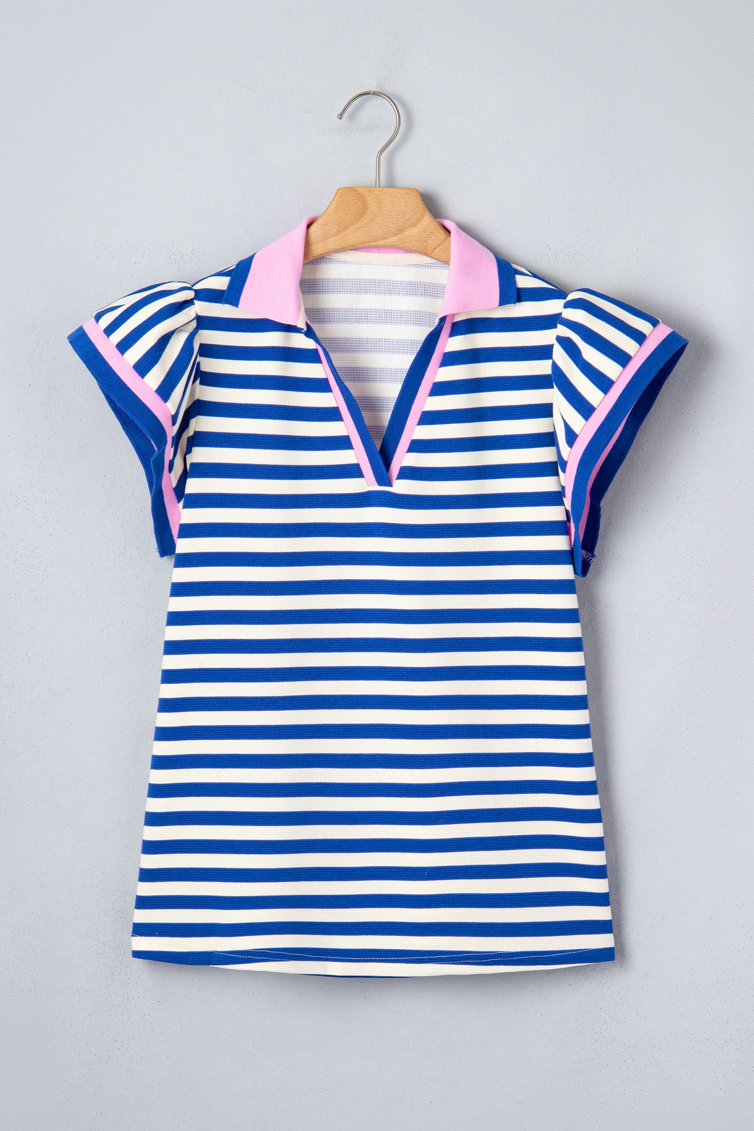 Green Stripe Contrast Trim Polo Collar Ruffled Short Sleeve Blouse