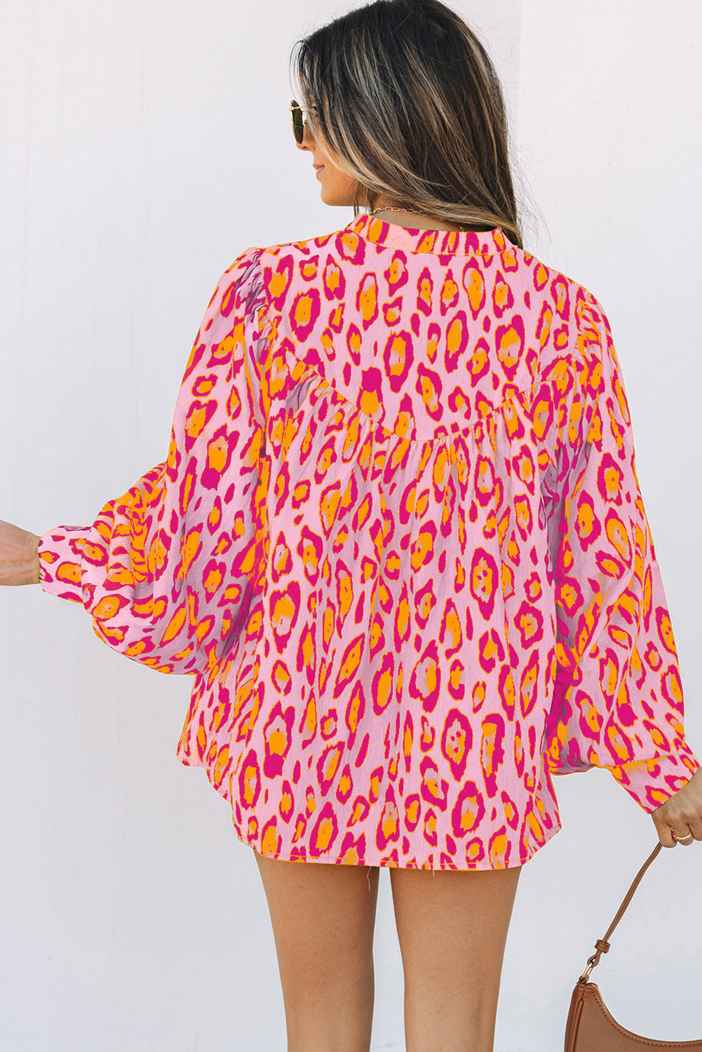 Light French Beige Oversized Leopard Print Balloon Sleeve Casual Shirt