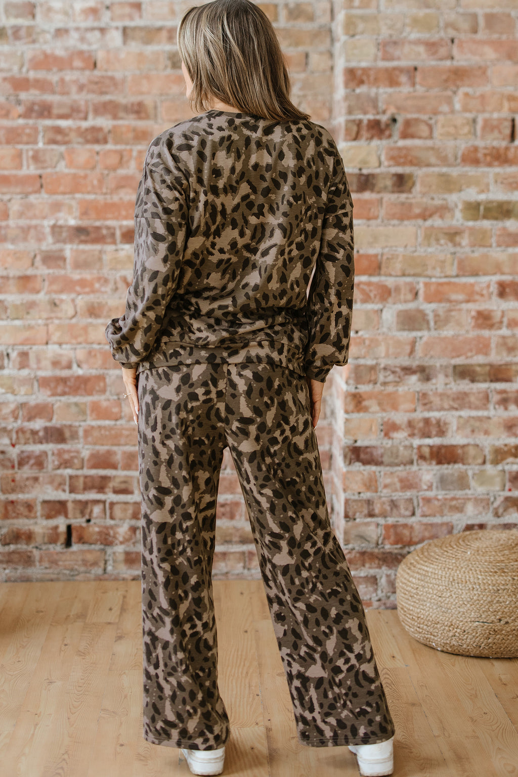 Gray Leopard Print Raw Seam Patchwork Pullover Drawstring Loose Pant Set