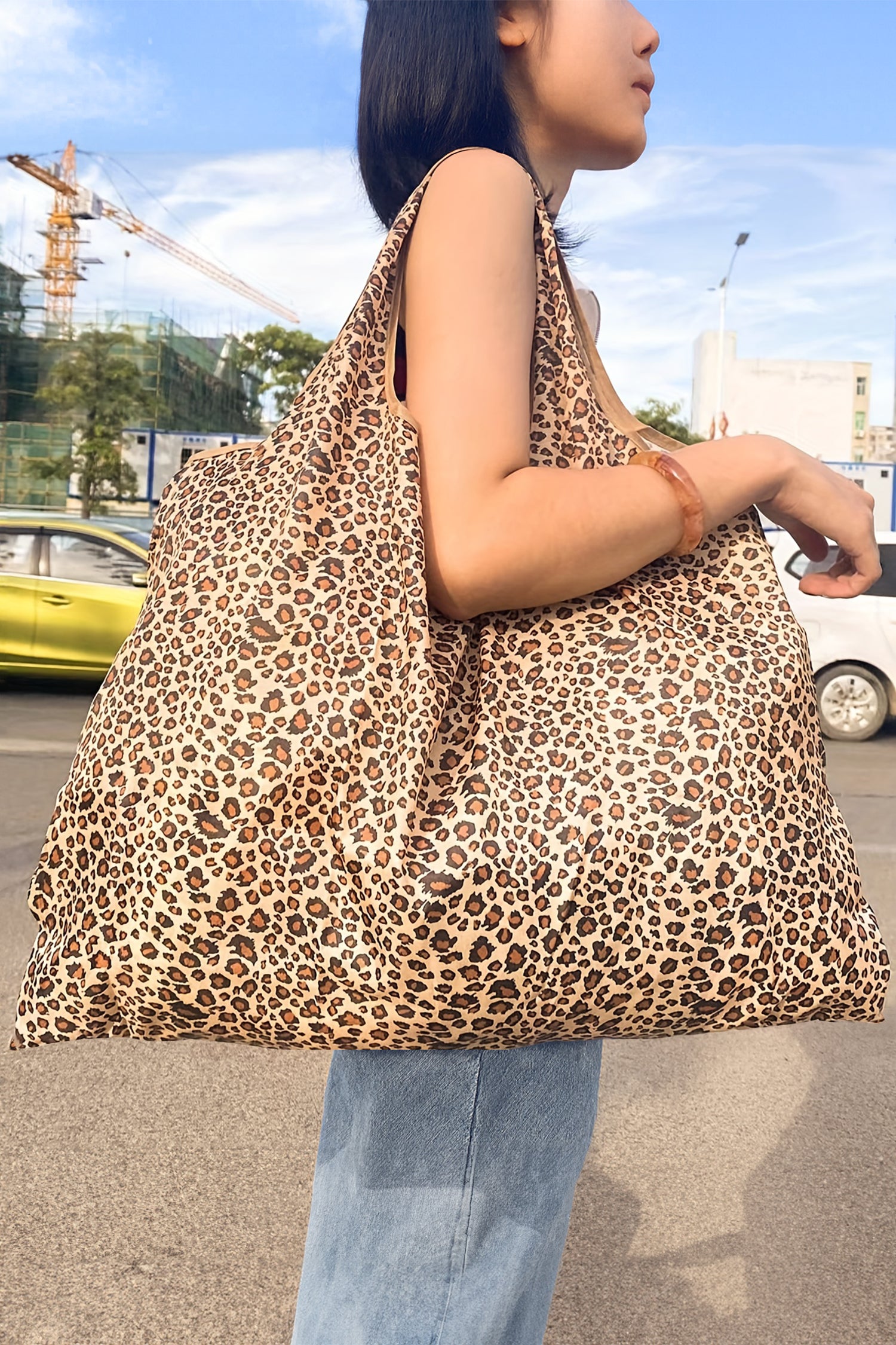 White Wild Leopard Printed Reusable Shopping Tote Bag