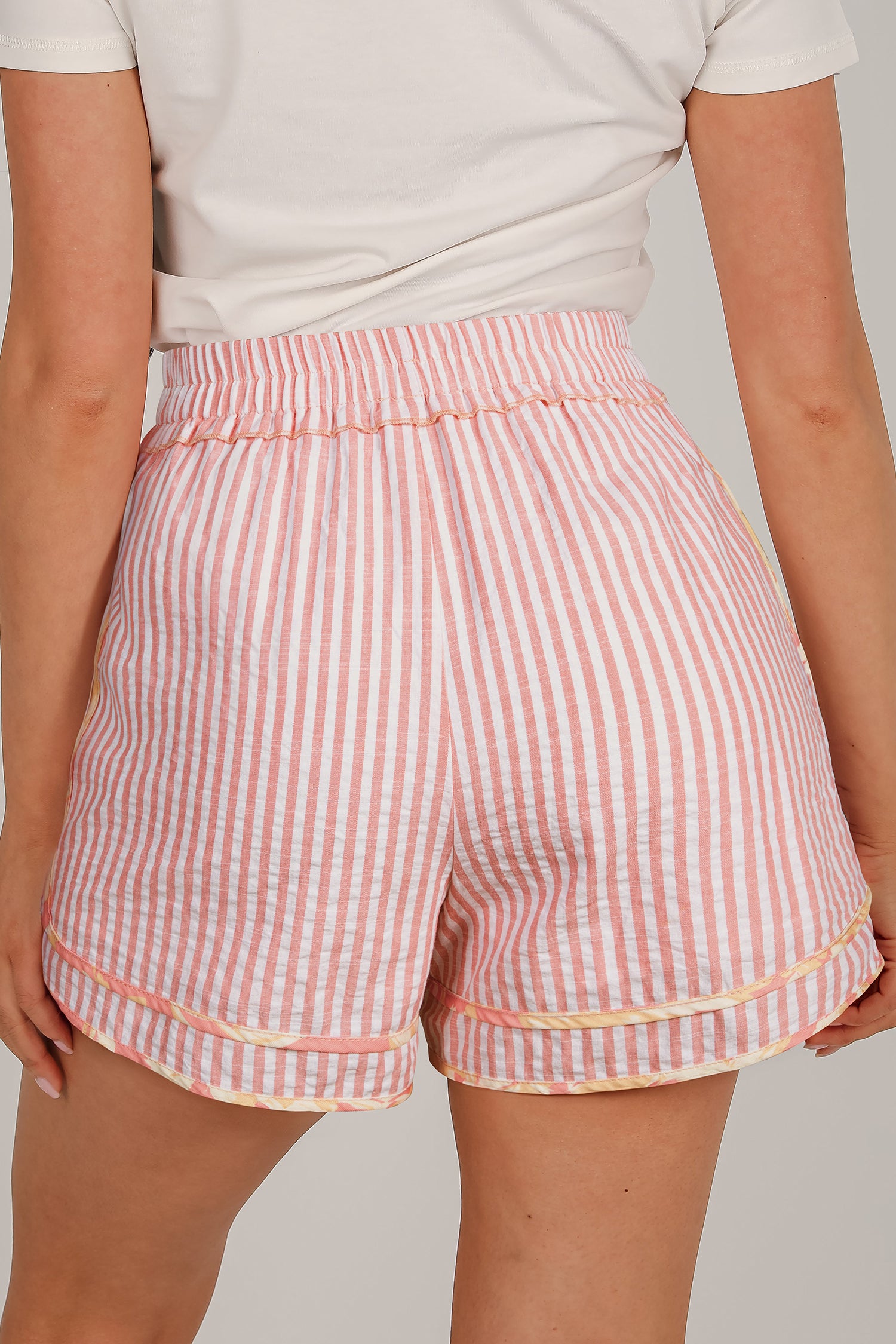 Light Pink Floral Trim Ribbon Knot Striped Casual Shorts