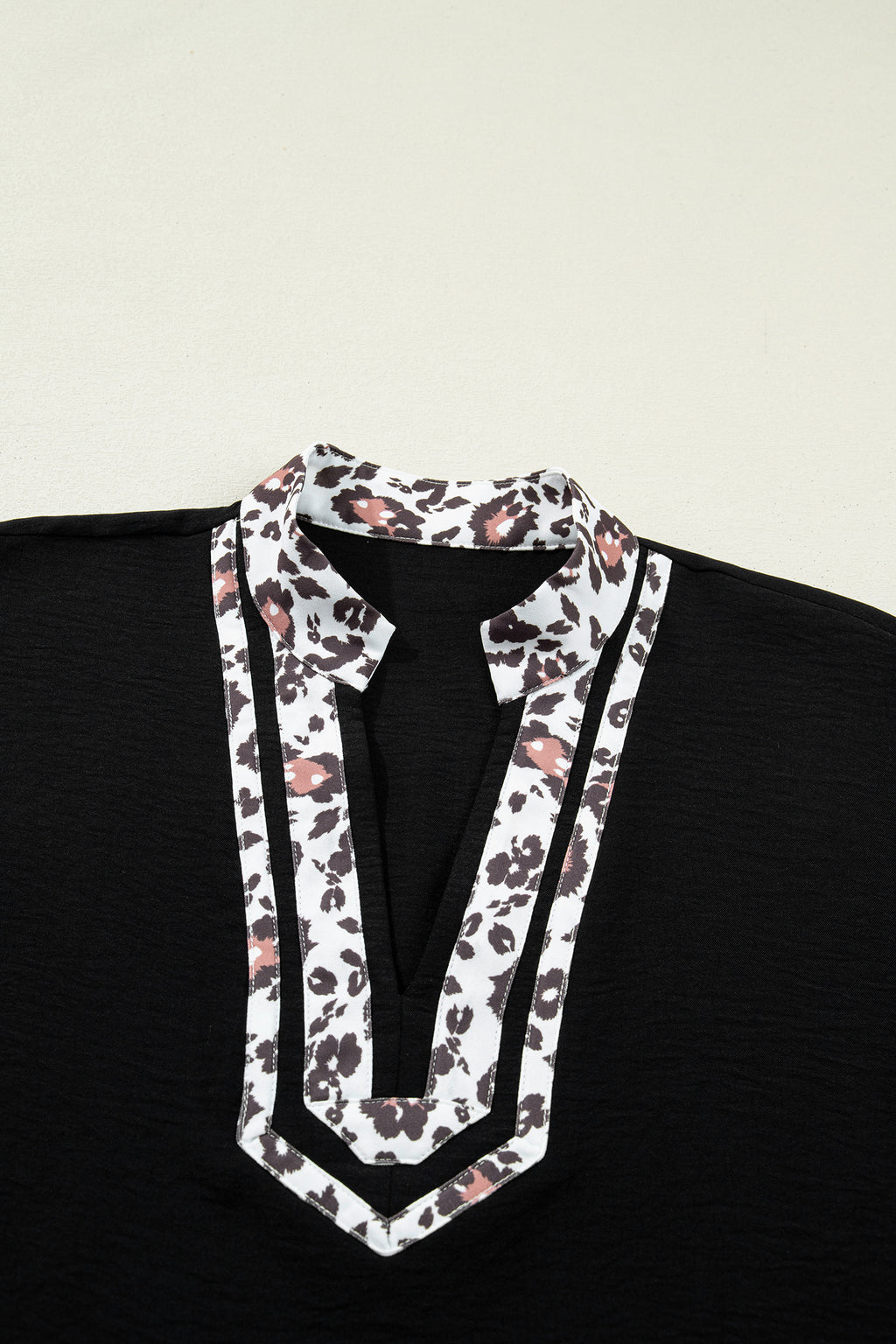 Black Dolman Half Sleeve Leopard Patchwork Trim V Neck Blouse