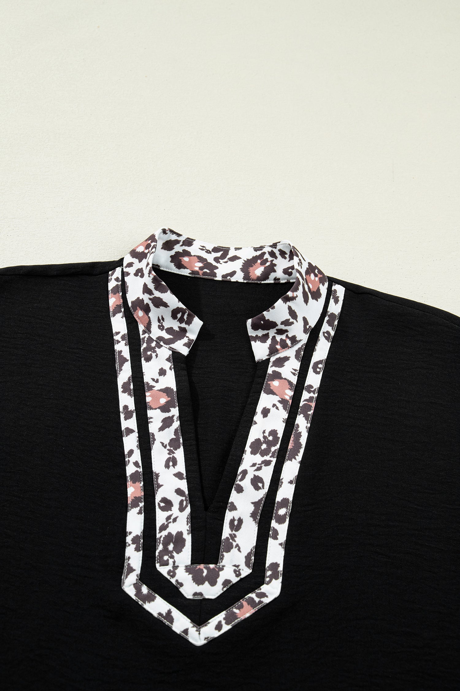 Black Dolman Half Sleeve Leopard Patchwork Trim V Neck Blouse