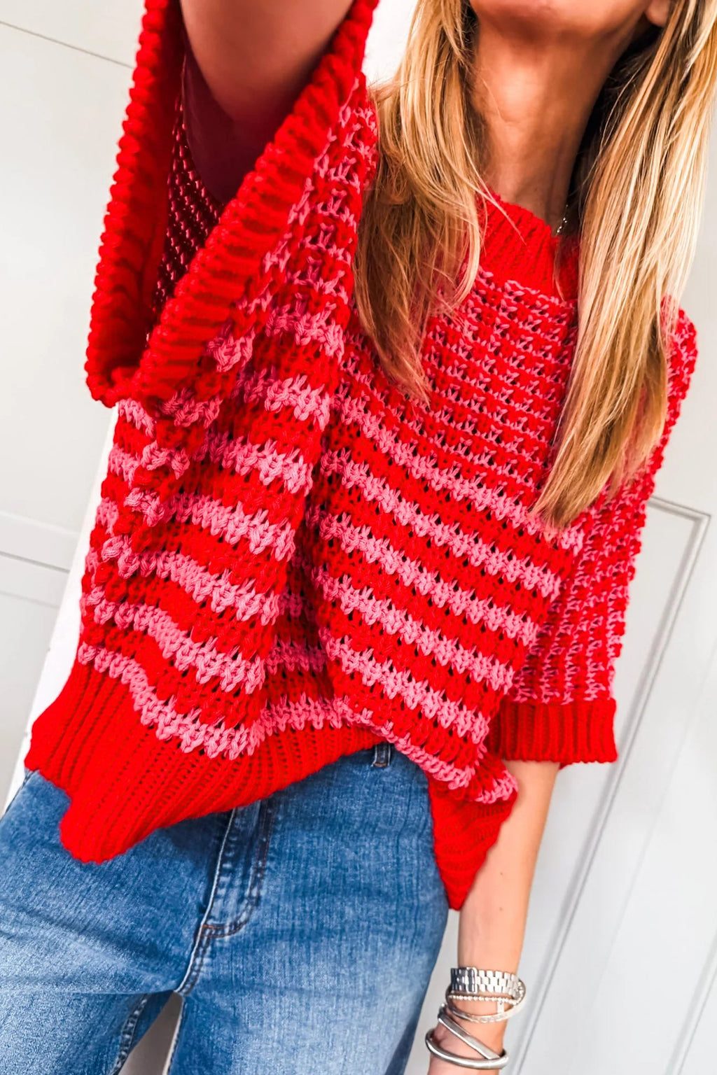 Red Stripe 3/4 Draped Sleeve Slouchy Sweater