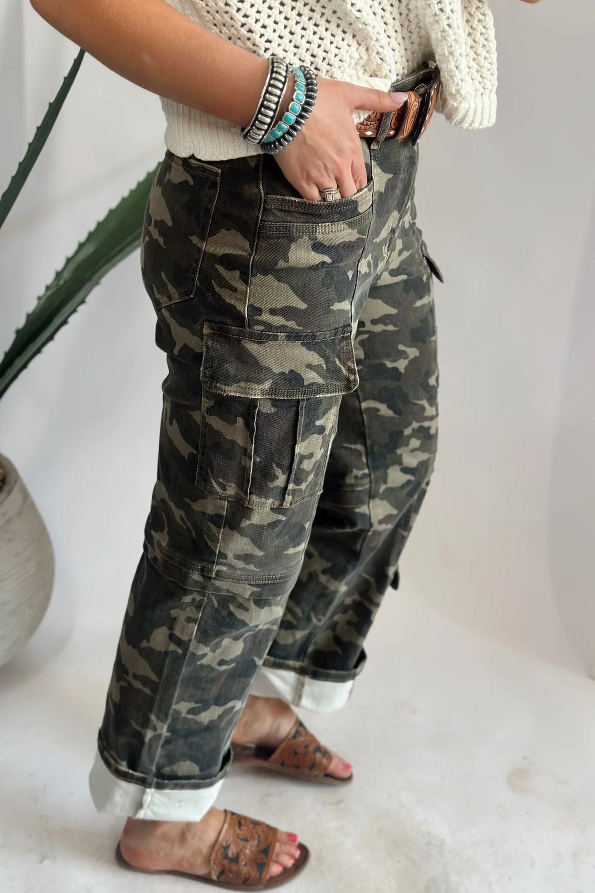 Green Camouflage Print Multi Pocketed Womens Denim Pants