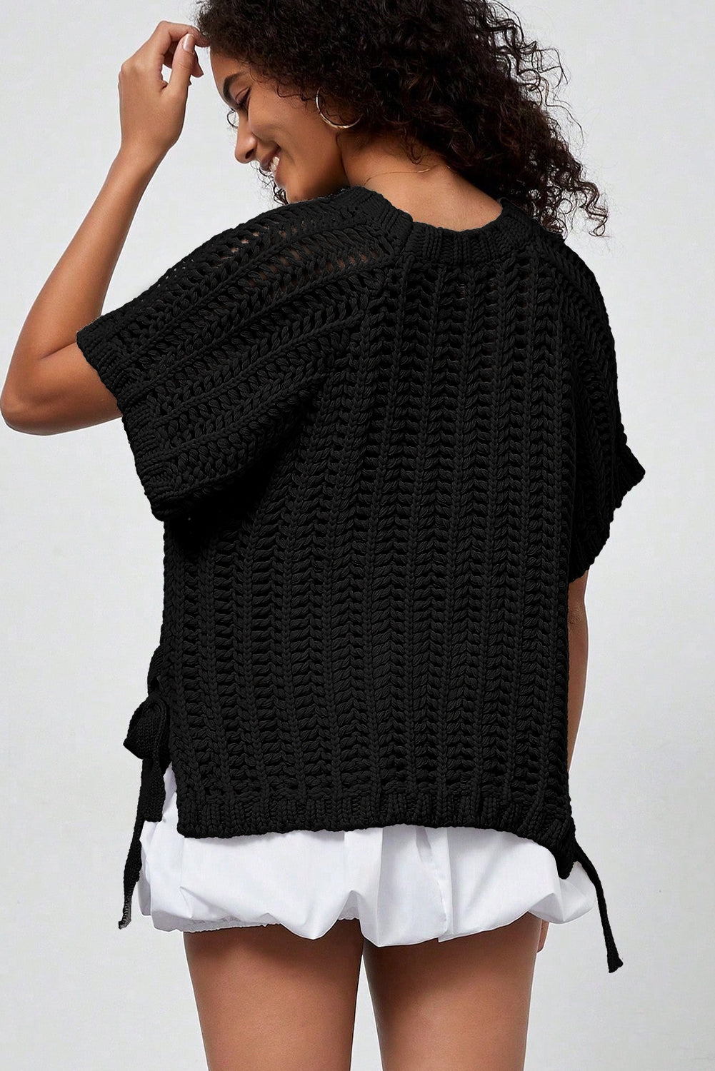 Black Plus Size Open Knit Bow Tie Short Sleeve Sweater