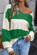 Green Stripe Loose Color Block Drop Shoulder Bubble Sleeve Sweater