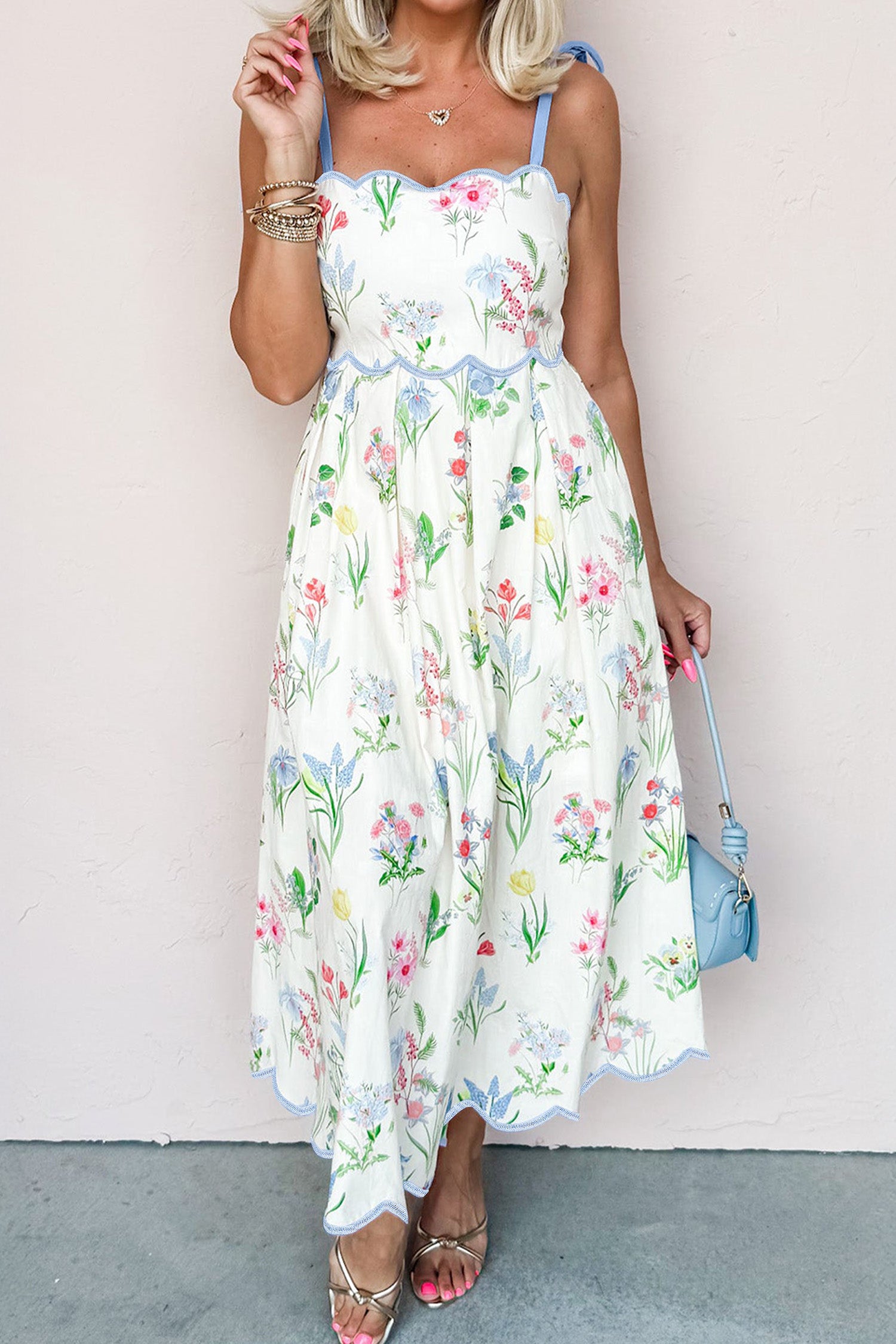 Pink Floral Print Contrast Trim Self-tie Straps High Waist Midi Dress