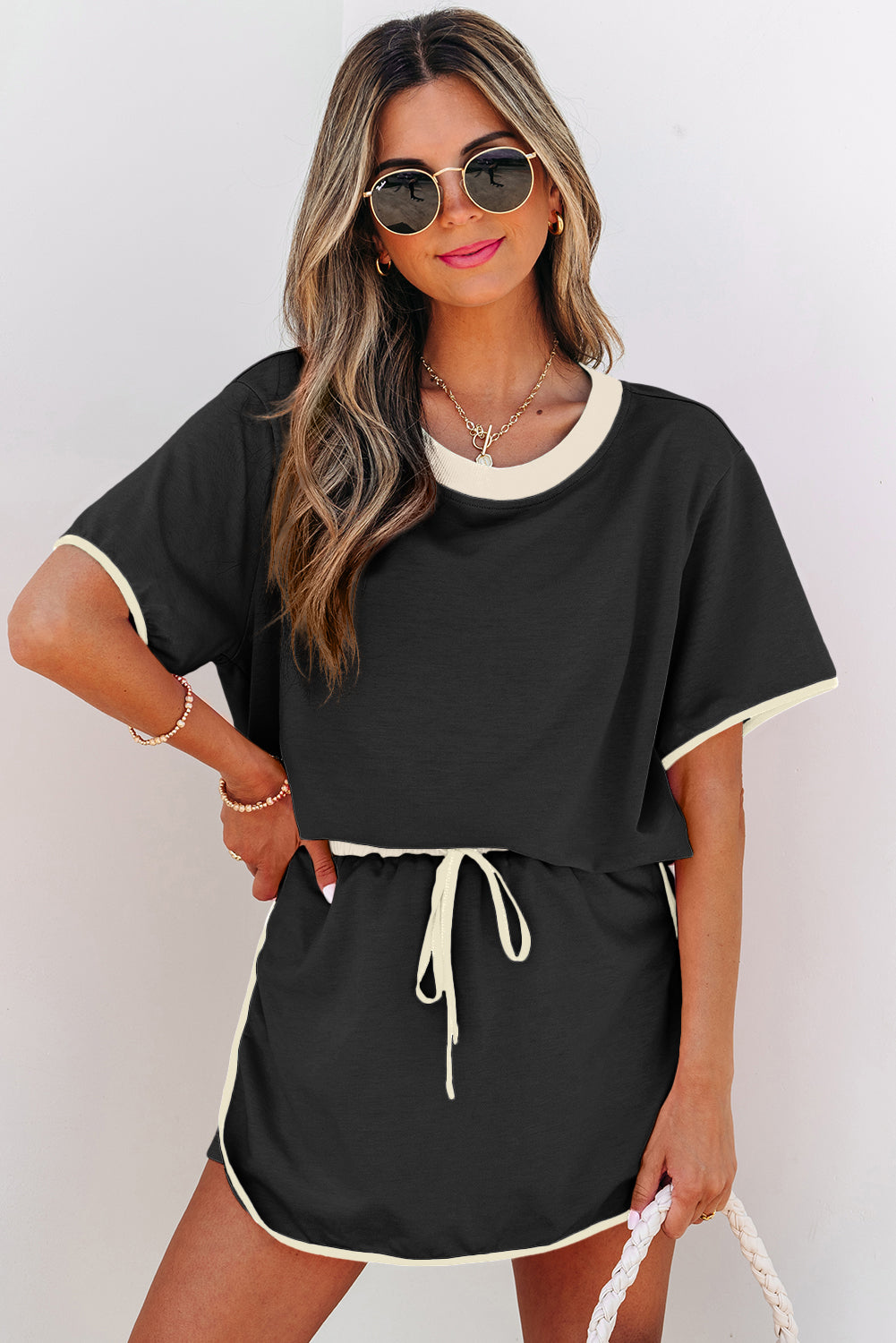 Apricot Colorblock Edge Drop Shoulder T Shirt and Skort 2Pcs Set