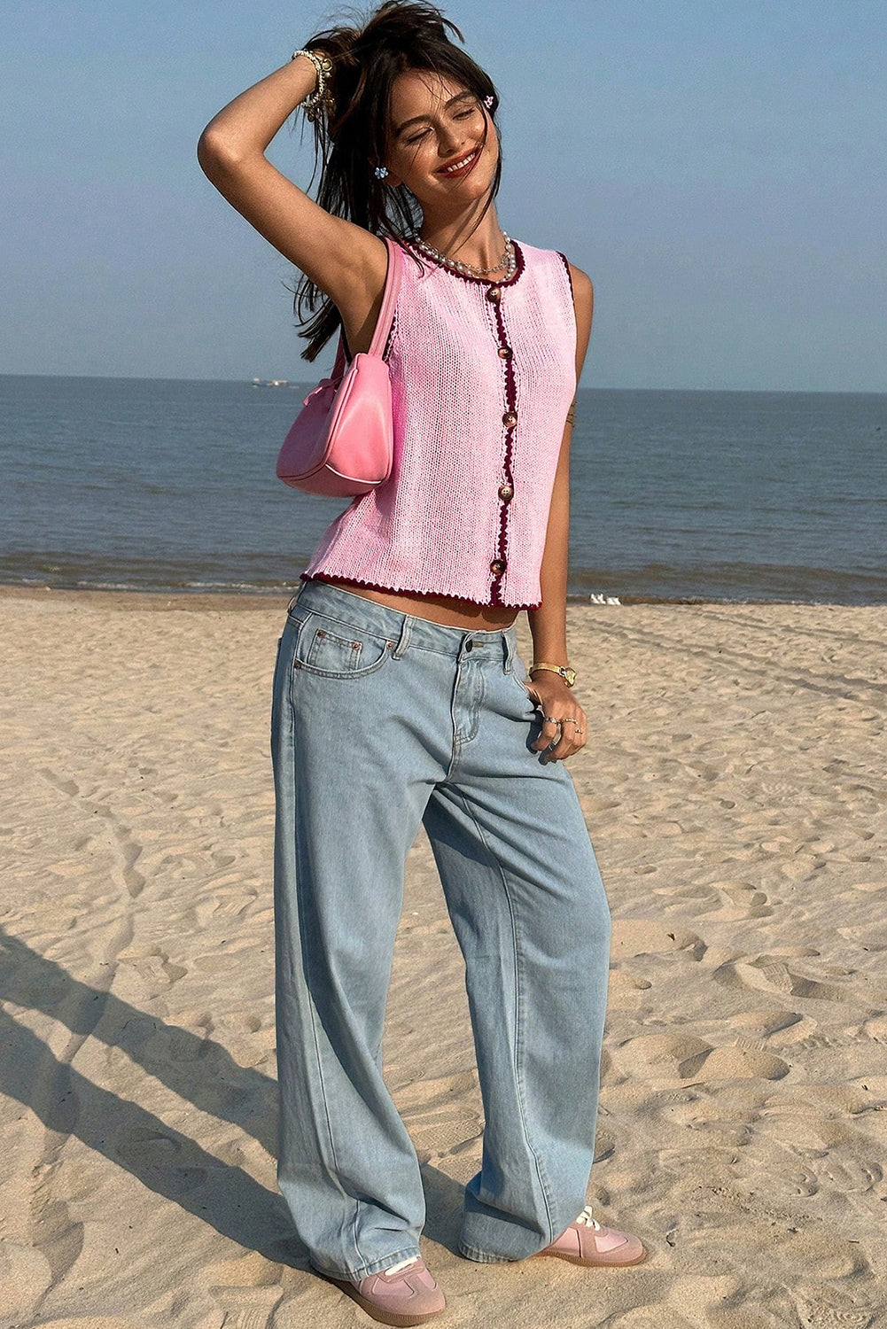 Pink Contrast Trim Buttoned Front Sweater Vest