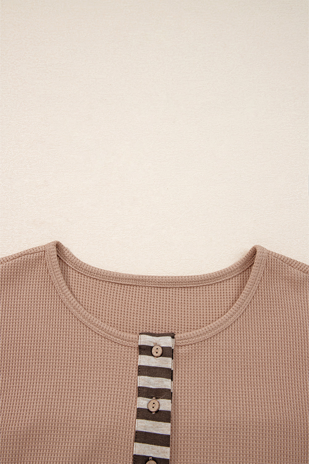 Straw Yellow Waffle Stripe Plaid Patchwork Henley Knit Top