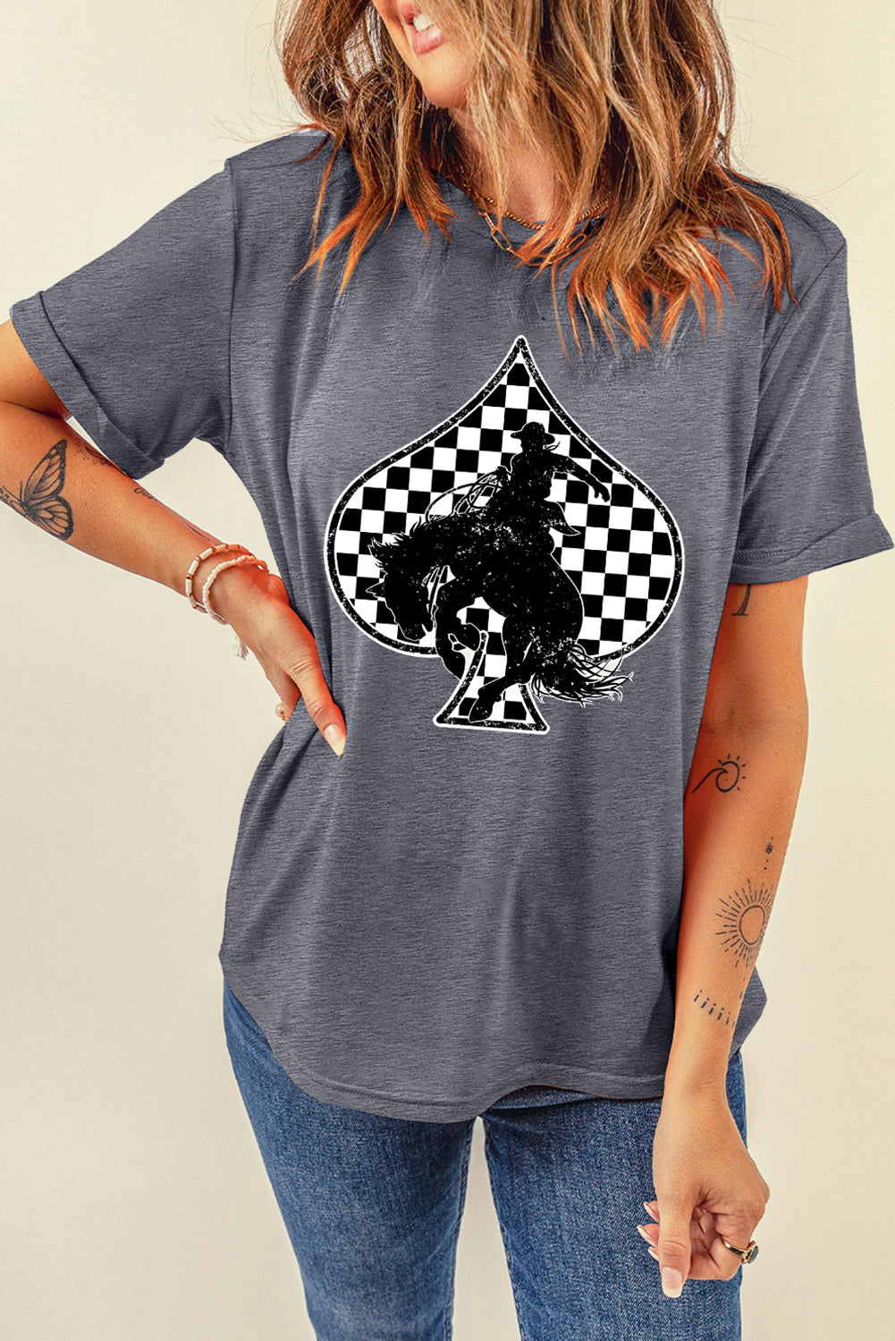 Gray Rodeo Check Spades Western Graphic T Shirt