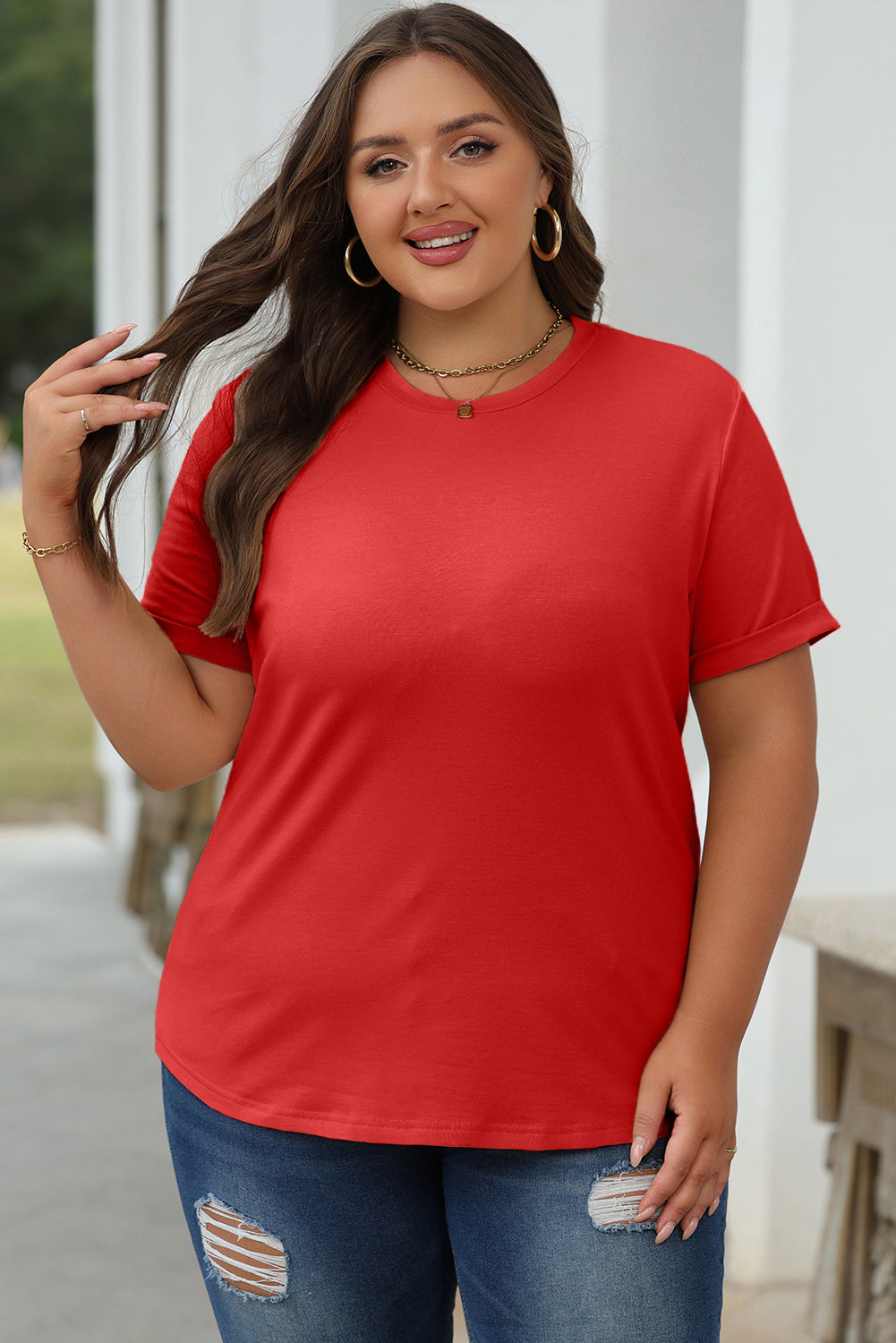 Dark Blue Casual Plain Crew Neck Tee