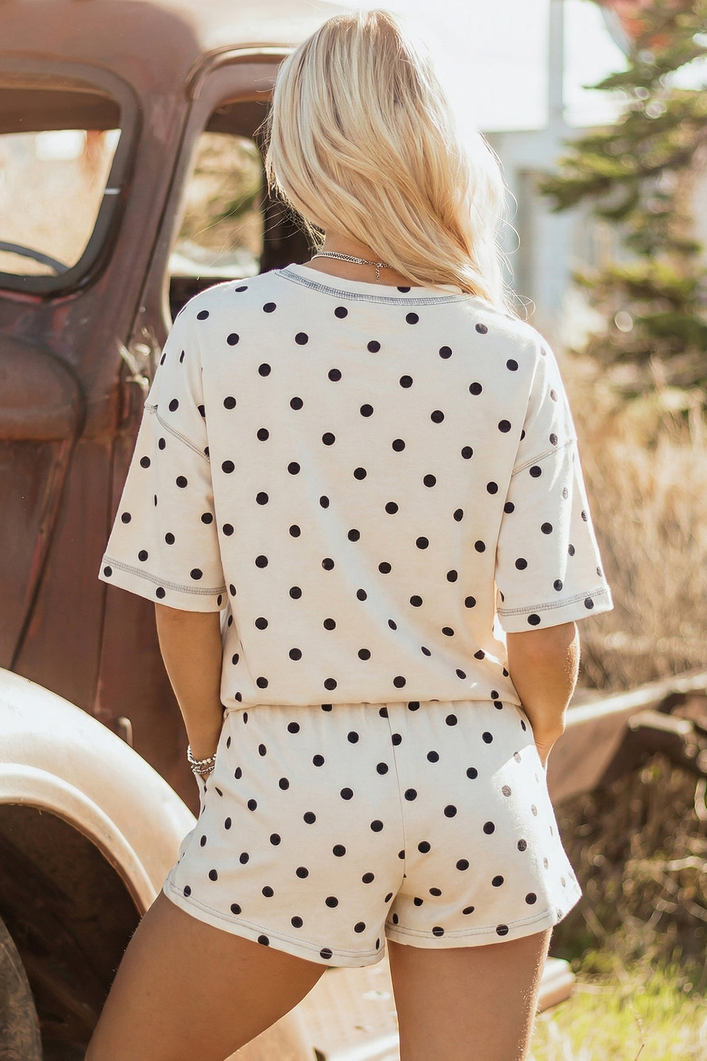 Sky Blue Exposed Seam Detail Polka Dot Loose Tee Drawstring Shorts Set