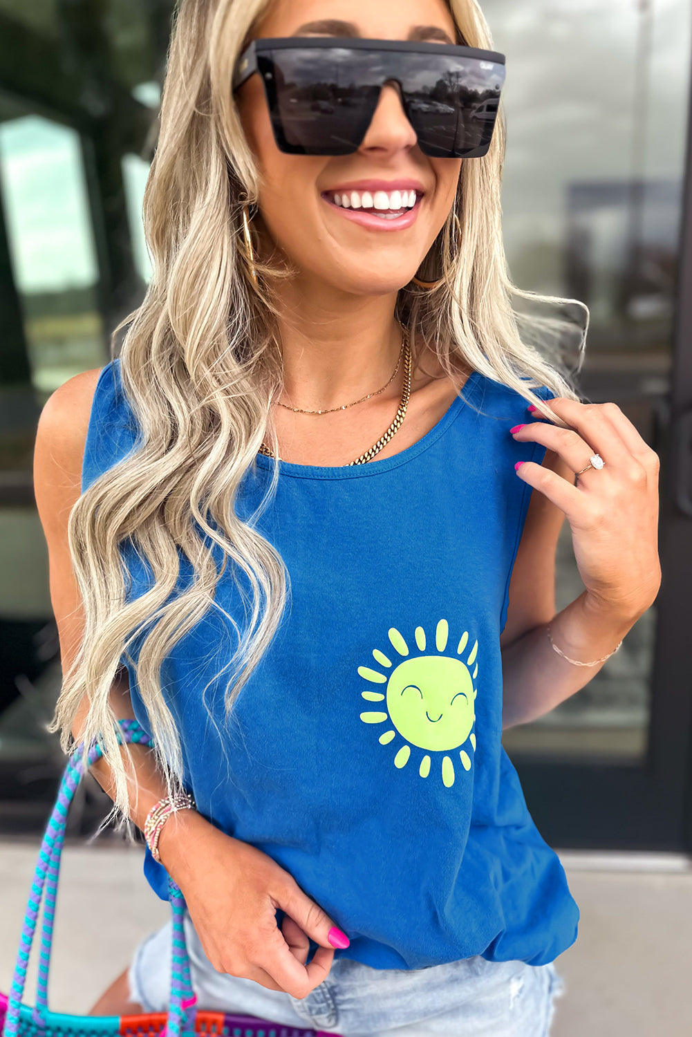 Blue Sun Graphic Casual Tank Top