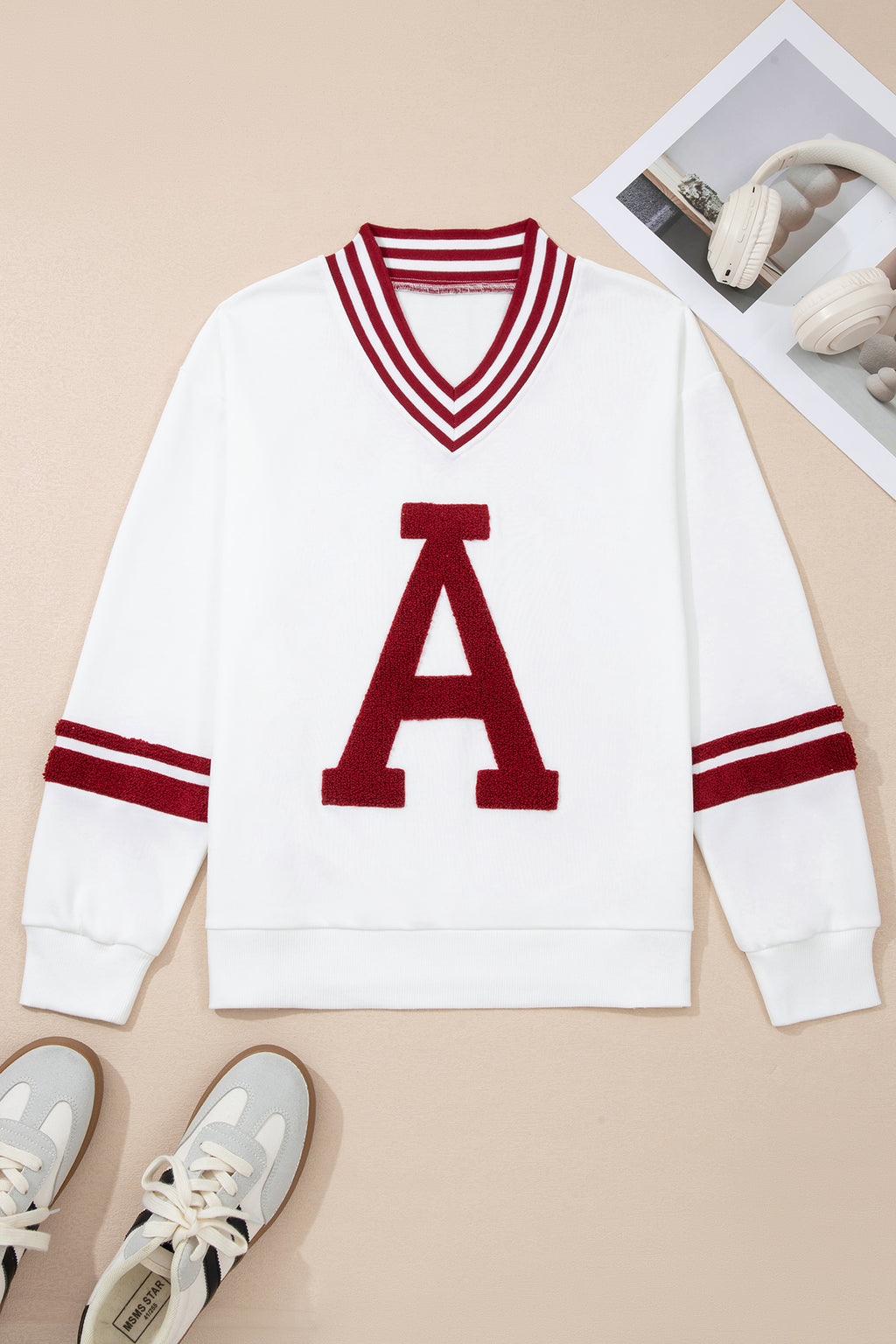 Red Dahlia Chenille Letter A Graphic Varsity Striped V Neck Puff Sleeve Sweatshirt