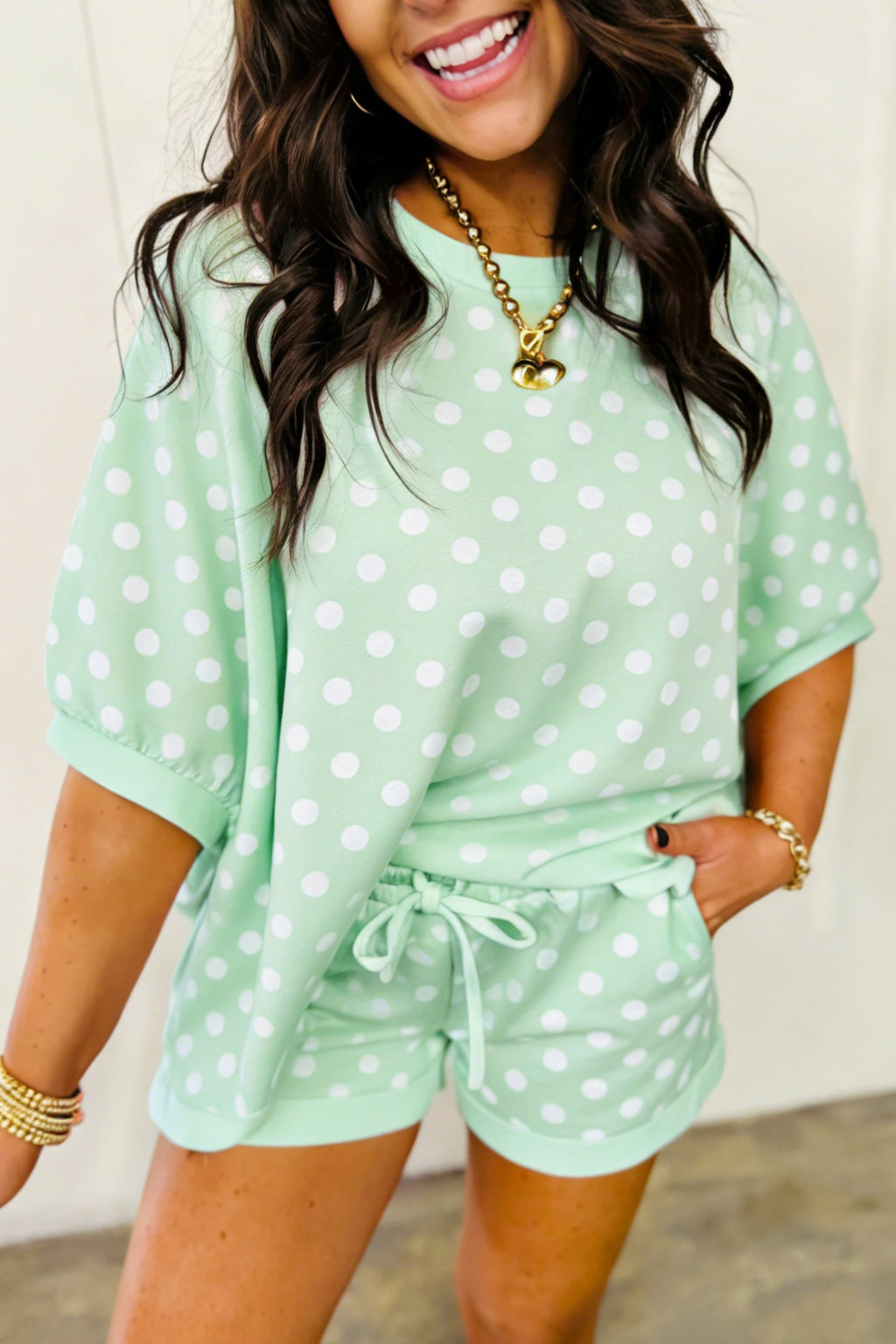 Beige Polka Dot Oversized Top Drawstring Short Set
