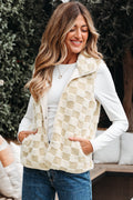 Khaki Sherpa Checkerboard Snap Button Vest Jacket With Pocket