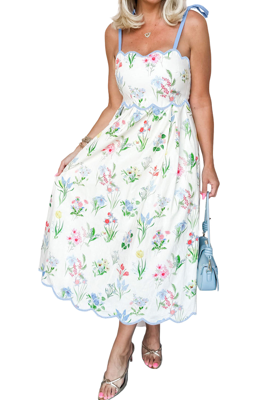 Pink Floral Print Contrast Trim Self-tie Straps High Waist Midi Dress